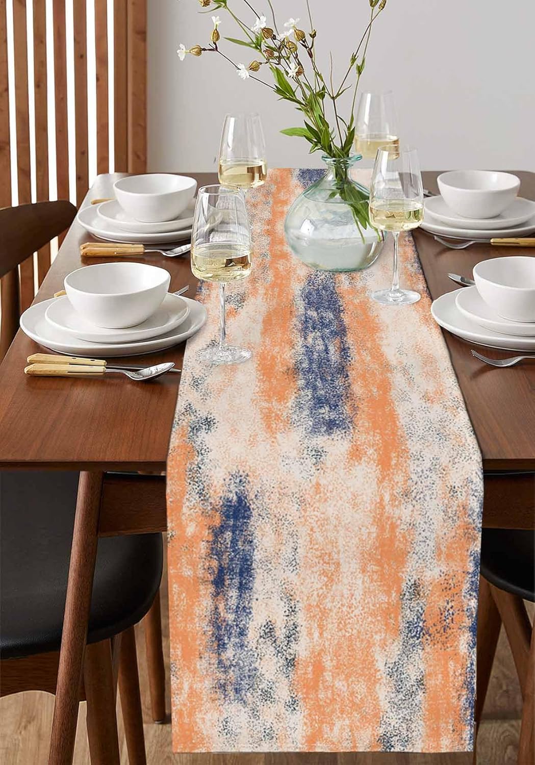 Vintage Oil Painted Cotton Linen Table Runner for Dining Kitchen, Wedding Outdoor Party Tablerunners Decoration, Abstract Modern Orange Minimalist Dresser Scarf Coffee Tablecloth Runners 13x60 Inches