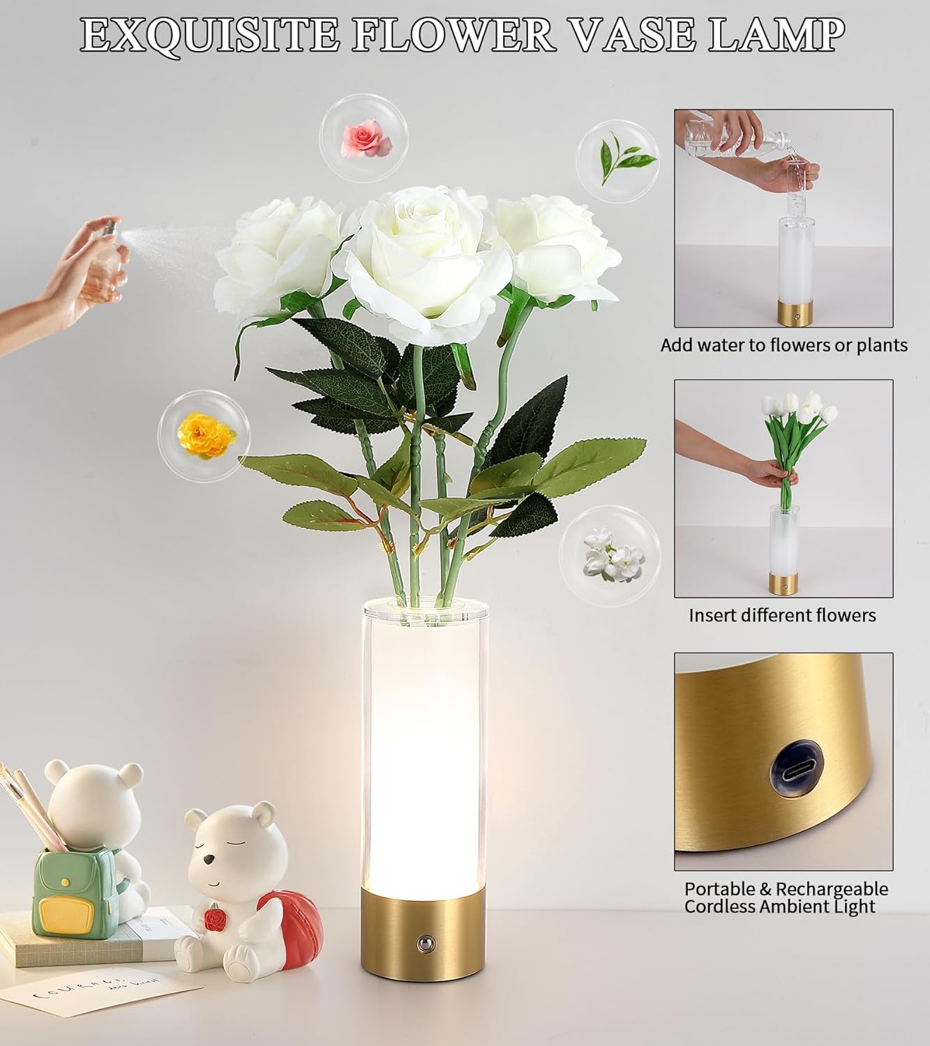 Flower Night Light,Touch Vase Lamp,Rechargeable Cordless Table Lamp,Home Decor Lamp for Dining Table/Bed Room/Bathroom/Closet,Gifts for Women/Mom/Girl, Artificial Roses Included