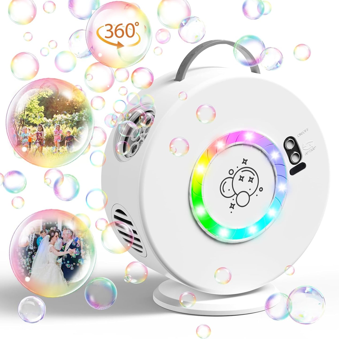 Bubble Machine Automatic LED Lights Bubble Blower for Kids Rechargeable Portable Bubble Maker Auto Rotating 90°/360° Outdoor Birthday Party Wedding (Led White)