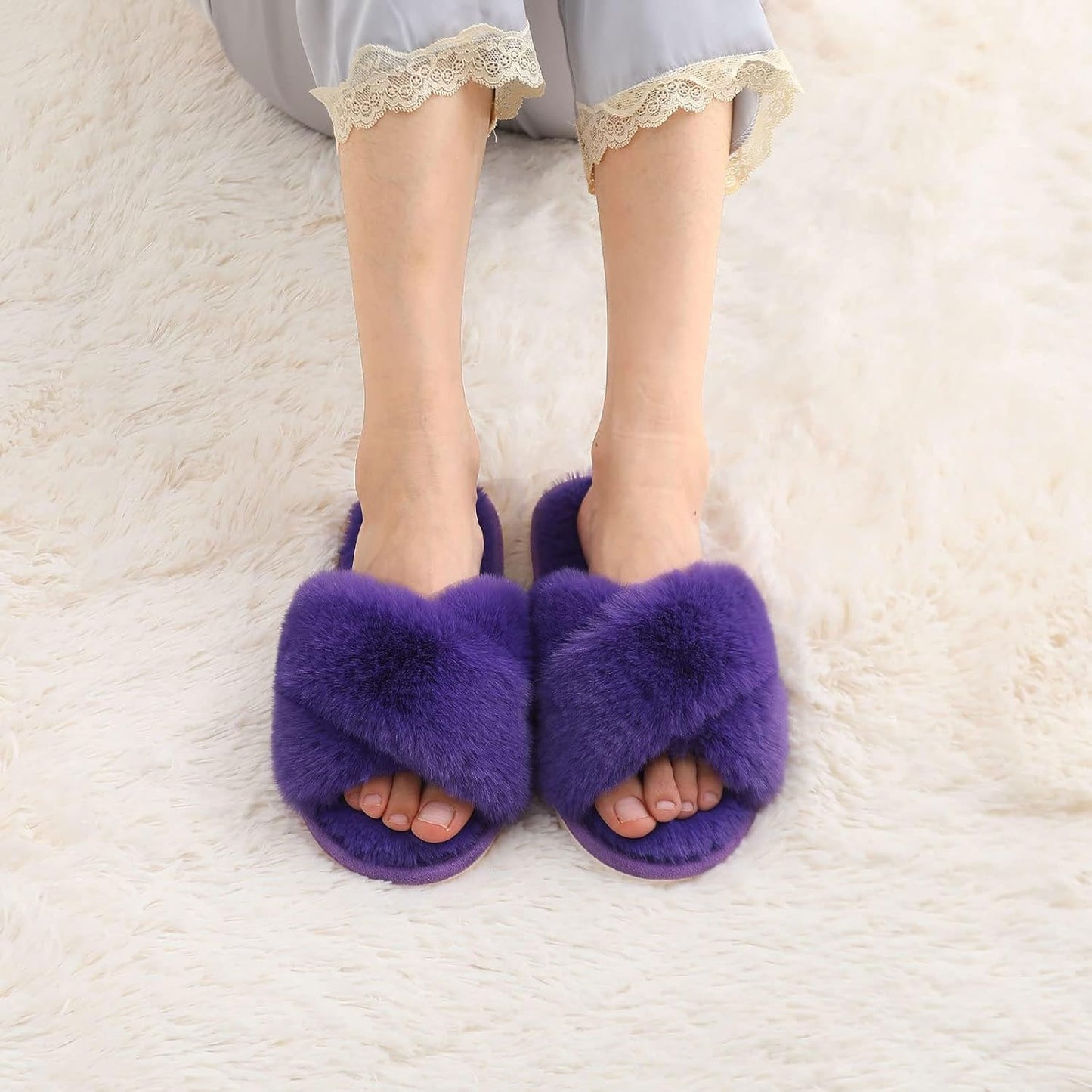 Evshine Women's Fuzzy Slippers Cross Band Memory Foam House Slippers Open Toe