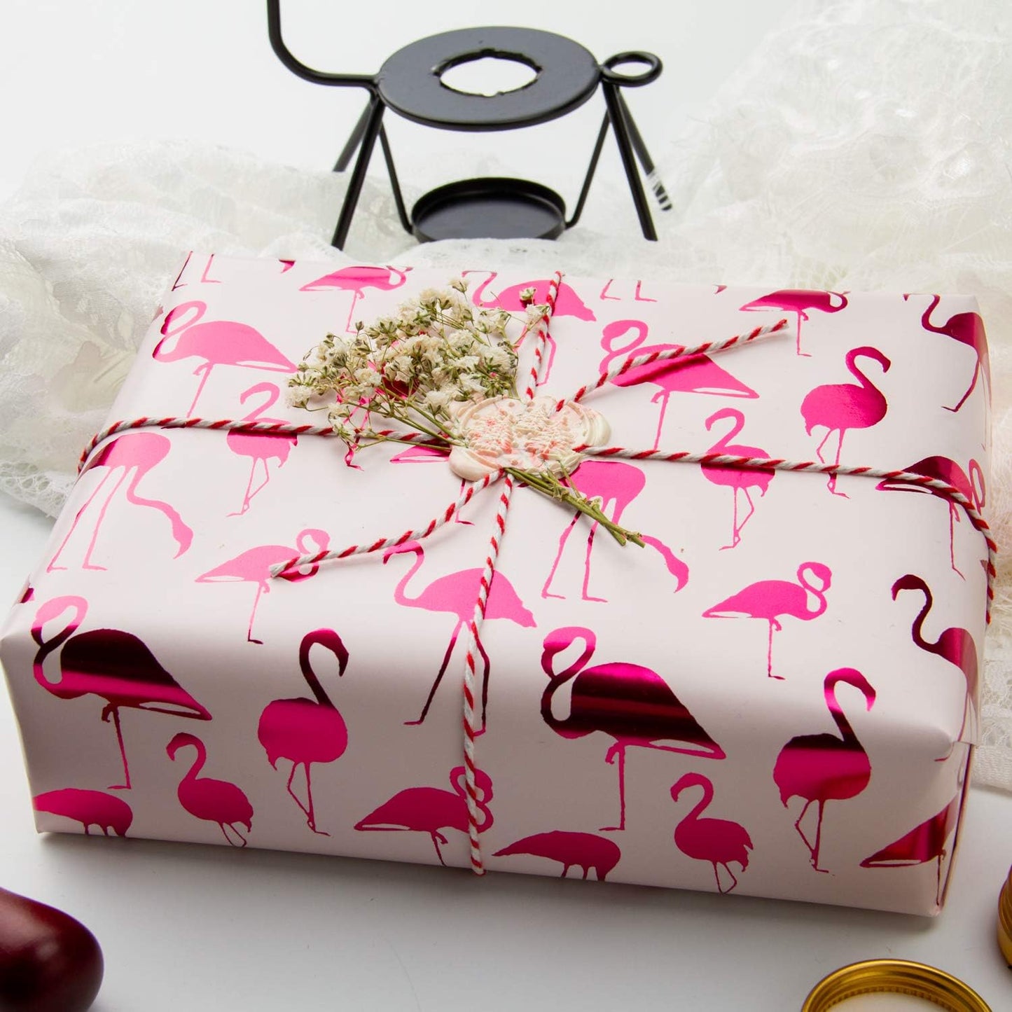 WRAPAHOLIC Wrapping Paper Roll - Mini Roll - 17 Inch X 33 Feet - Pink with Fuschia Foil Flamingo for Wedding, Birthday, Holiday, Baby Shower