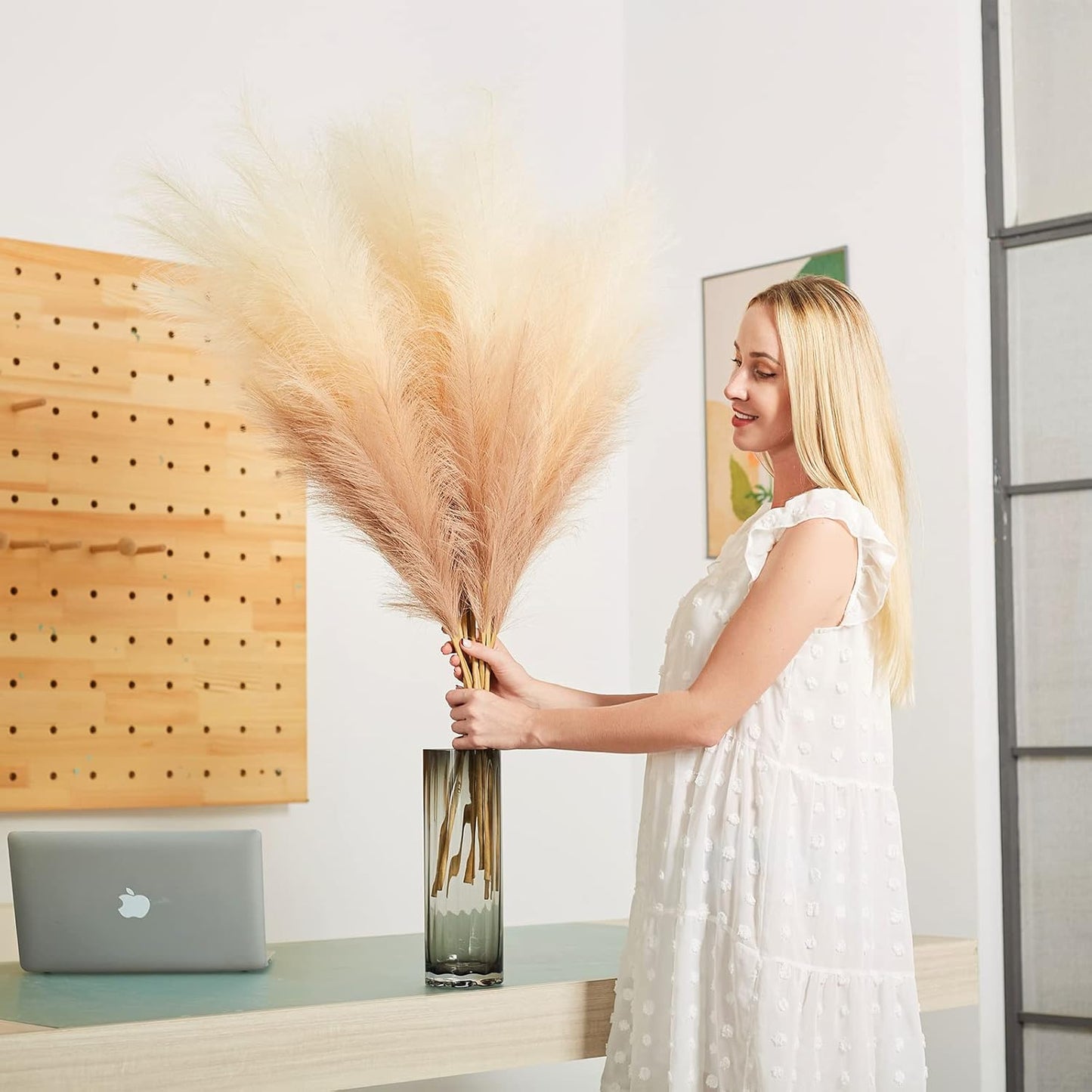 EVODIS Faux Pampas Grass Decor, 6 Stems Artificial Pampas Grass - 43 inch Tall Pompass Grass Large Pompous Boho Flower Arrangement Home Decor for Room Wedding Party