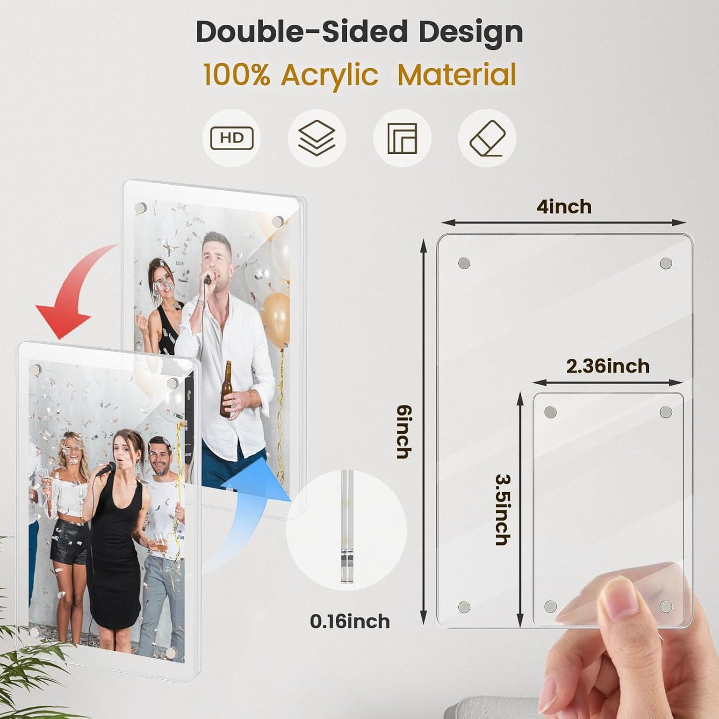 DomeStar Magnetic Acrylic Picture Frame 2.4 x 3.5 Inch, 16 Pack Double-Sided Photo Holder for Refrigerator, Locker, or Metal Cabinet, Fits Instant Photo, Mini Film, Notes & Pictures