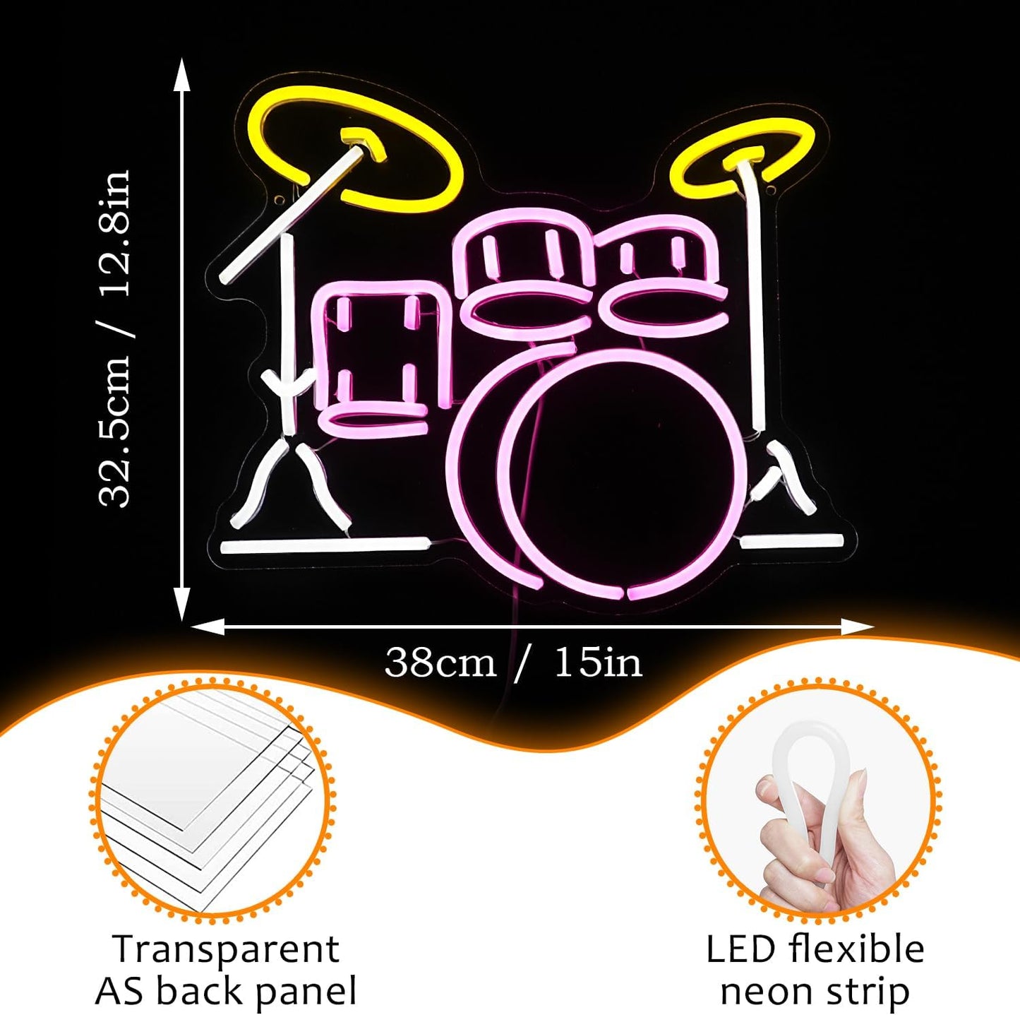 Drum Kit Neon Sign Dimmable Multicolored Led Neon Light for Wall Decor Drum Kit Shape Neon Light Sign USB Powered Led Neon Signs for Bar Live Music Music Studio Party Decoration