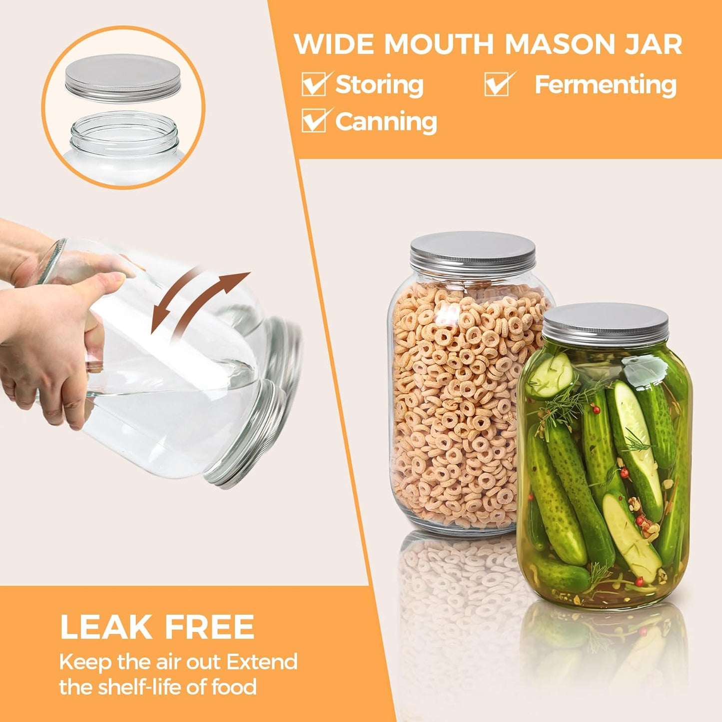 ComSaf 1 Gallon Wide Mouth Mason Jars 2 Pcs, 128 oz Glass Jars with Lids, Flour Sugar Storage Containers, Large Glass Containers for Pickles, Fermented Food, Sourdough Starter, Food Storage