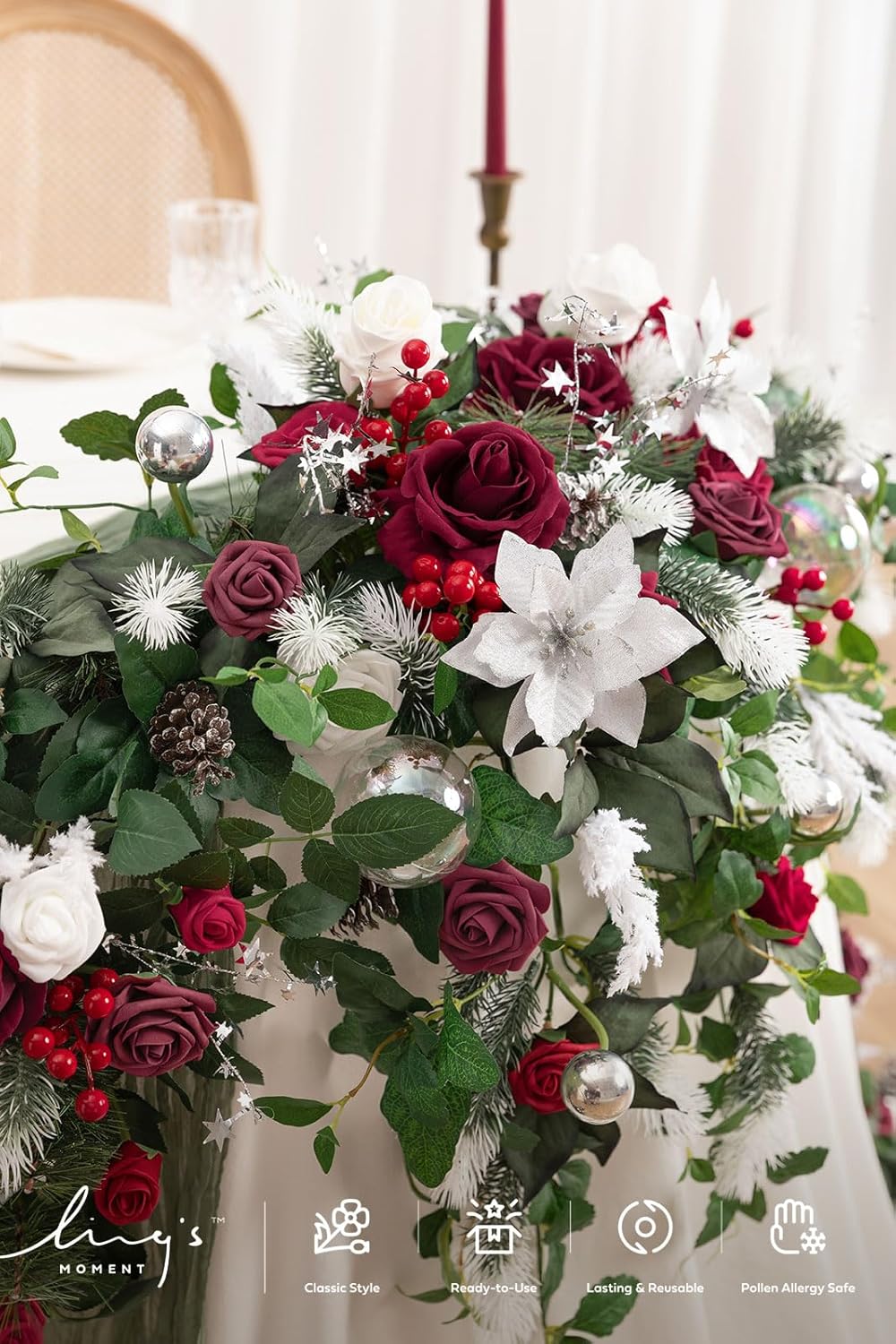 Ling's moment 9FT Eucalyptus and Willow Leaf Garland with White Flower, Handcrafted Wedding Sweetheart Table Centerpieces Head Table Decor Arch Backdrop Decorations for Wedding | Red & White