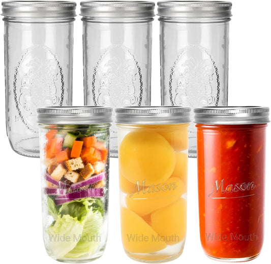 CycleMore 6 Pack Wide Mouth Mason Jars with Airtight Lids and Bands, 24 Oz Canning Glass Jars, Glass Canister for Canning, Fermenting, Pickling, Meal Prep, Overnight Oats, Jam, Jelly