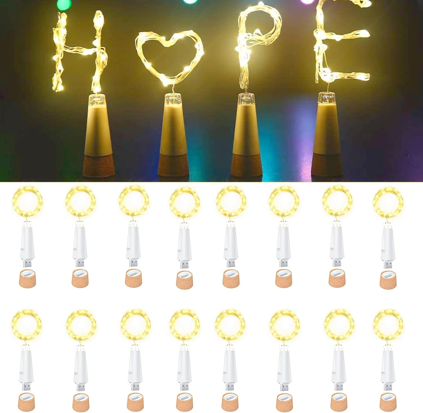 USB Bottle Lights Rechargeable Wine Bottle Fairy Lights Cork LED String Lights 20 LEDs Copper Wire for Table Party DIY Decor