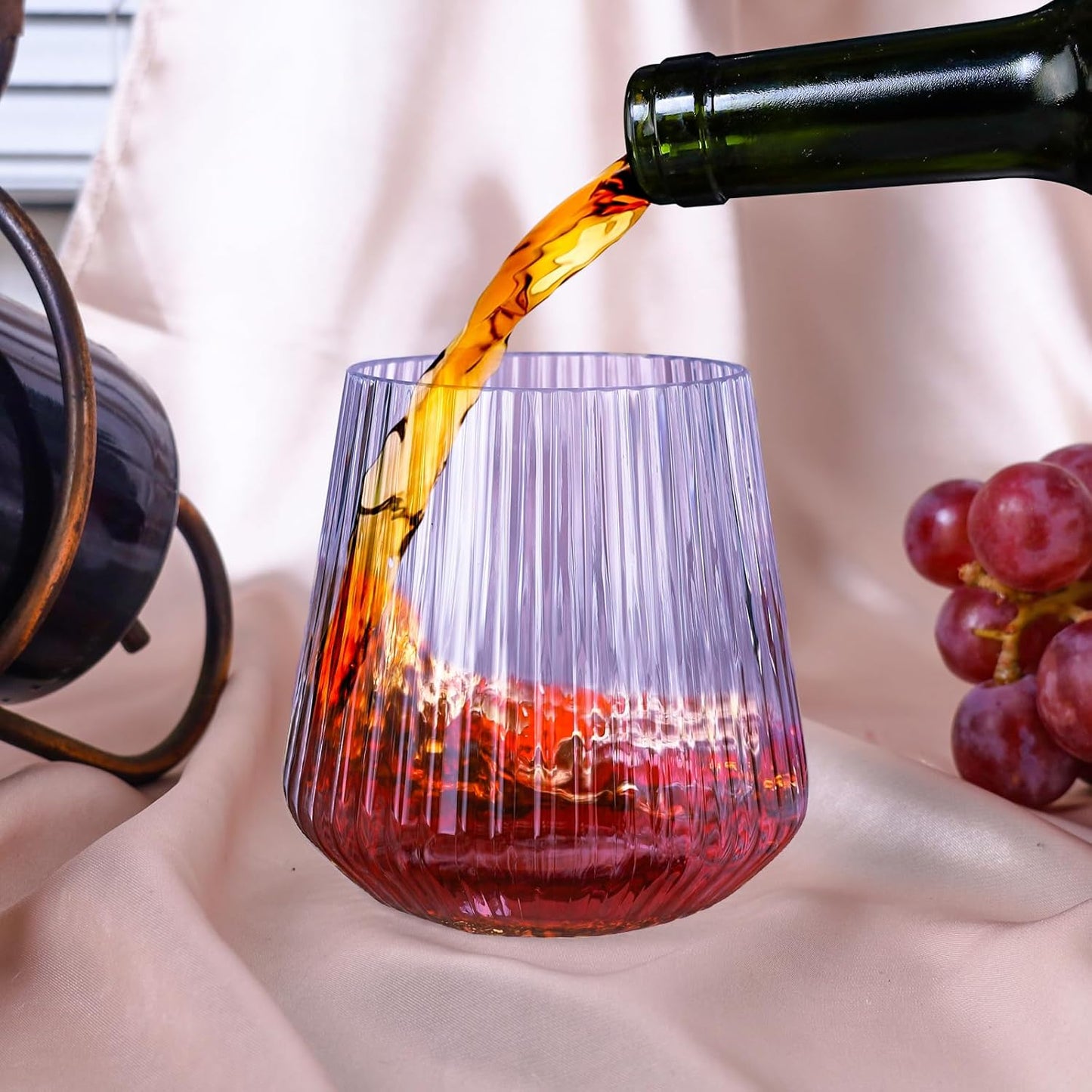 40 Pack Plastic Ribbed Wine Glasses, 14Oz Origami Disposable Wine Glasses Unbreakable Clear Plastic Cocktail Glasses Recyclable Shatterproof Reusable Wine Cups (14oz-blue-40pack)