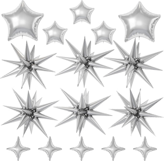 16 Pcs Silver Star Balloons, 22/18/10 Inch Foil Balloons, Four-Pointed Large Balloon for Kids Birthday Graduation Celebration Wedding Baby Shower Party Decorations