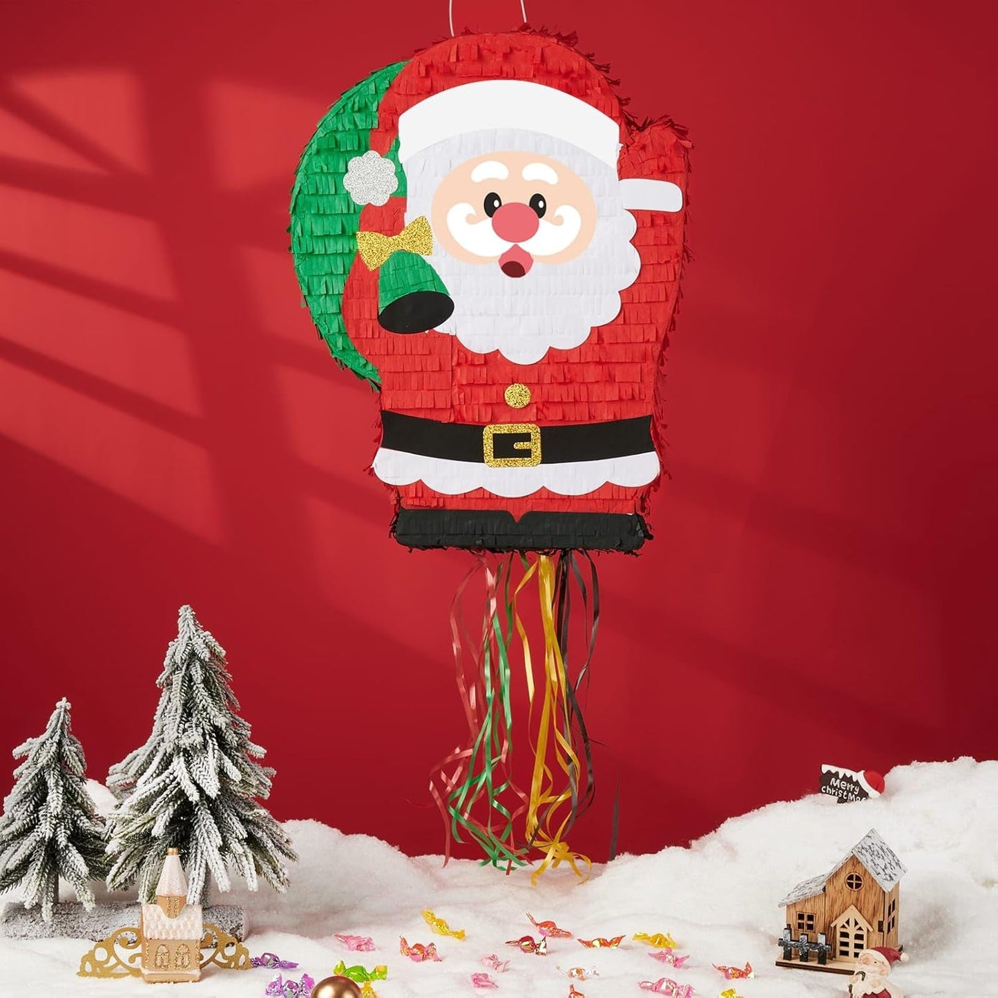 WERNNSAI Christmas Santa Pinata - Christmas Decorations Red Santa Claus Party Games for Kids Xmas Festival Supply Father Xmas GIft Delivery Xmas Large Pinata Pull String with Blindfold Bat