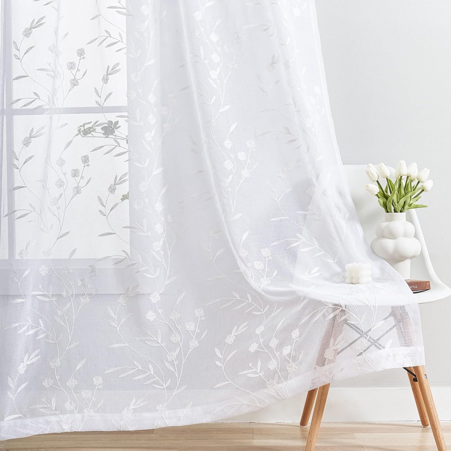 White Sheer Curtains Embroidery 63 Inch Length Rod Pocket Voile Drapes for Living room, Bedroom, Window Treatments Semi Flower Pattern Curtain Panels for Kitchen, Yard, Farmhouse, Set of 2, 52"x 63".