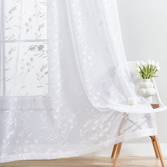 White Sheer Curtains Embroidery 63 Inch Length Rod Pocket Voile Drapes for Living room, Bedroom, Window Treatments Semi Flower Pattern Curtain Panels for Kitchen, Yard, Farmhouse, Set of 2, 52"x 63".