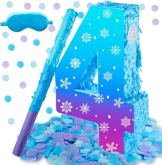 Snowflake Birthday Decorations, Winter Ice Snowflake Number 3 Pinata with Stick Blindfold and Confetti Snowflake Piñata 3rd Birthday Party Decoration & Supplies (Snowflake 4)