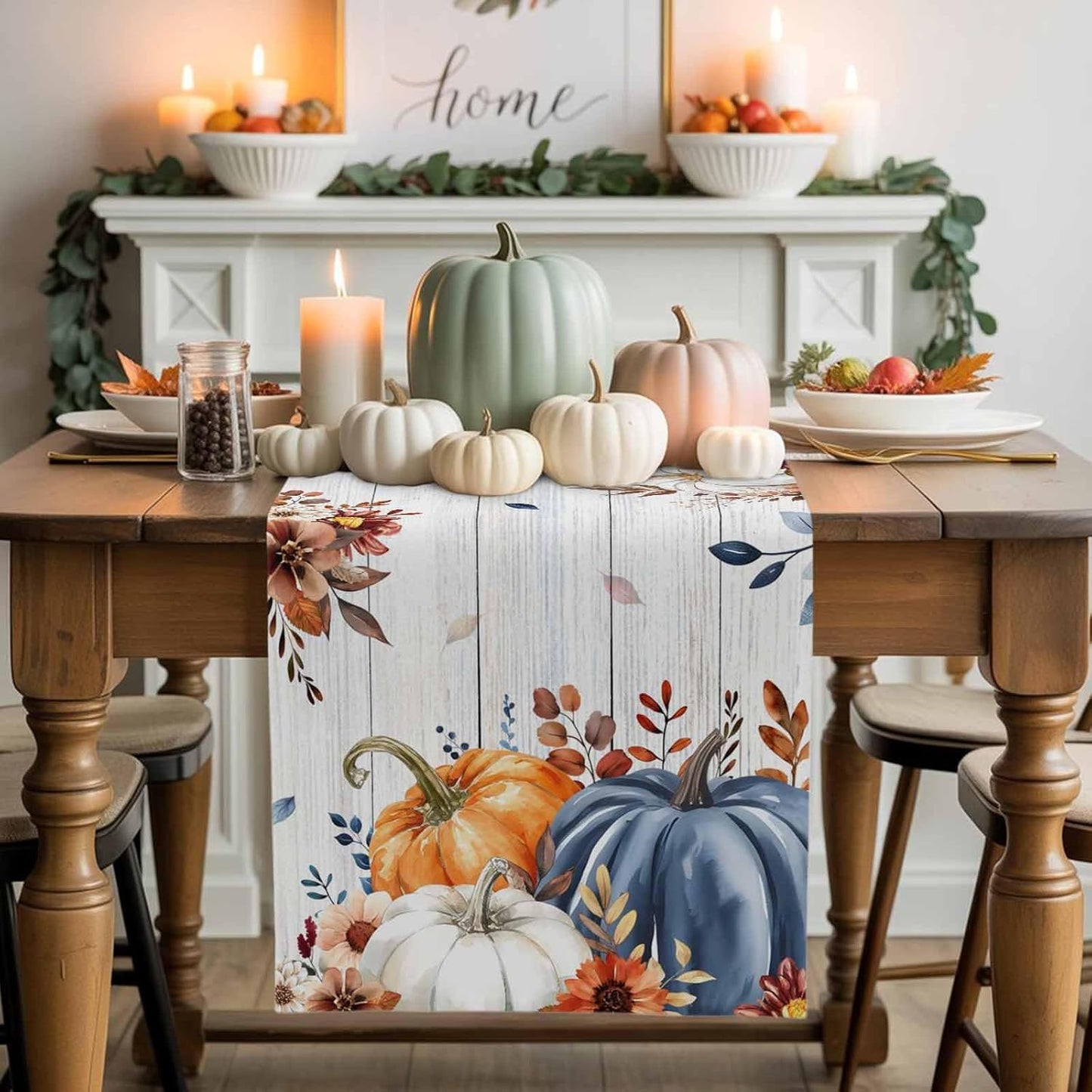 Thanksgiving Fall Cotton Linen Table Runner for Dining Kitchen, Pumpkins Eucalyptus Wedding Outdoor Party Tablerunners Decoration, Farmhouse Wooden Dresser Scarf Coffee Tablecloth Runners 13x60 Inches