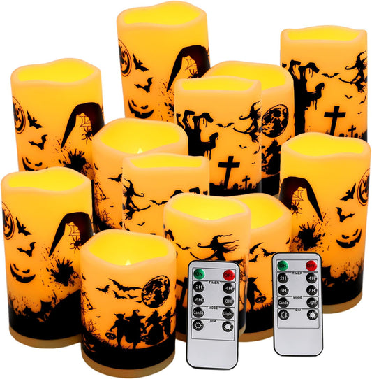 12-Pack Halloween LED Flameless Pillar Candles - Battery Operated with Remote & Timer, Flickering Warm Light, Witch/Bats/Castle Decals - Spooky Halloween Decor, Ghost Party Supplies, Gifts