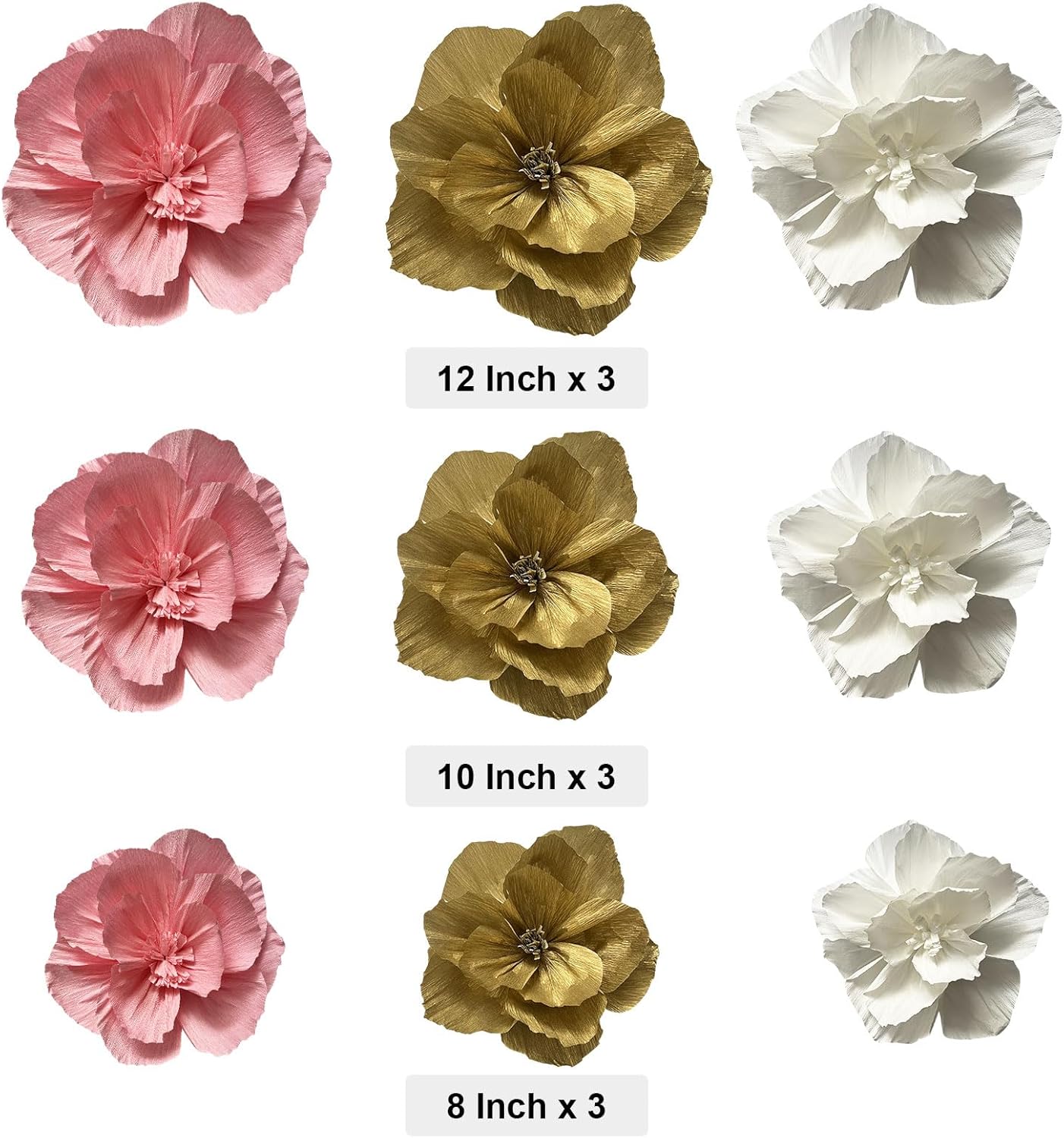 BRT Bearingshui Crepe Paper Flowers Decoration for Wall Total 9 Pcs, Artificial Flowers Backdrop for Wedding Decor Baby Bridal Shower Birthday Party, Pink White Gold 3D Wall Flowers Decor