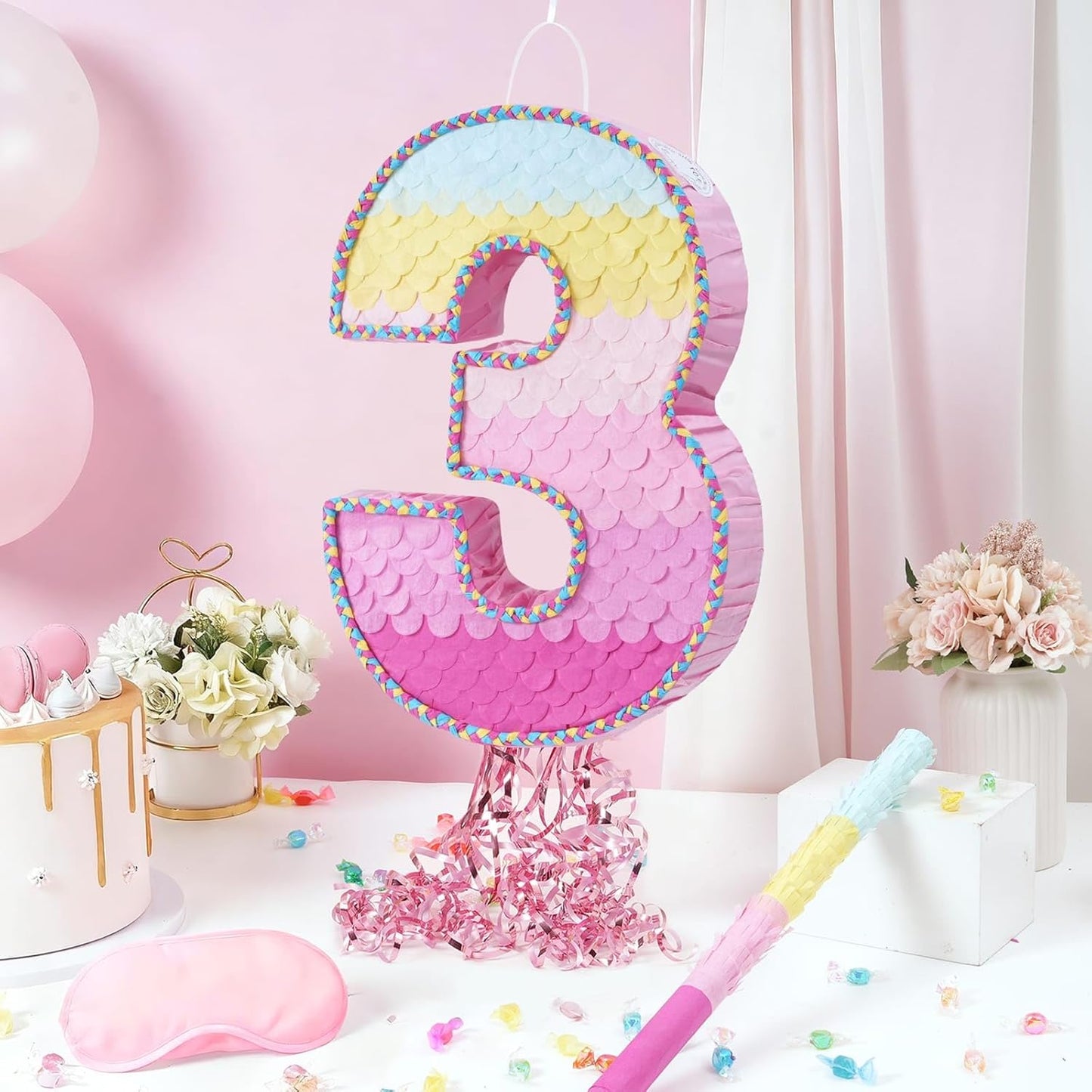 WERNNSAI Pink Sweet Three Pinata - Number 3 Pinata Happy Birthday Decoration Pink Rainbow Design Party Games for Girl Princess Baby Shower Party Favor with Blindfold Anniversary Celebration Supplies