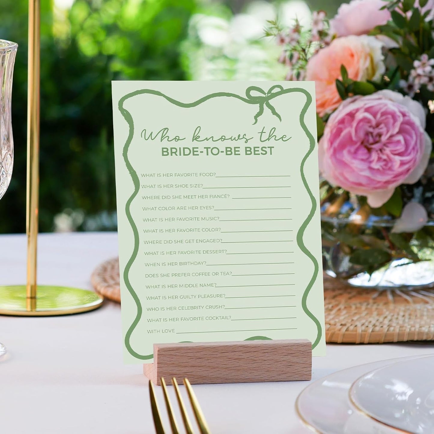 DEEKA 30 PCS Bridal Shower Games Card for 30 Guests Sage Green Wavy Border Ribbon Bow Funny Wedding Bachelorette Party Games for Reception (Who Knows The Bride-to-be Best)