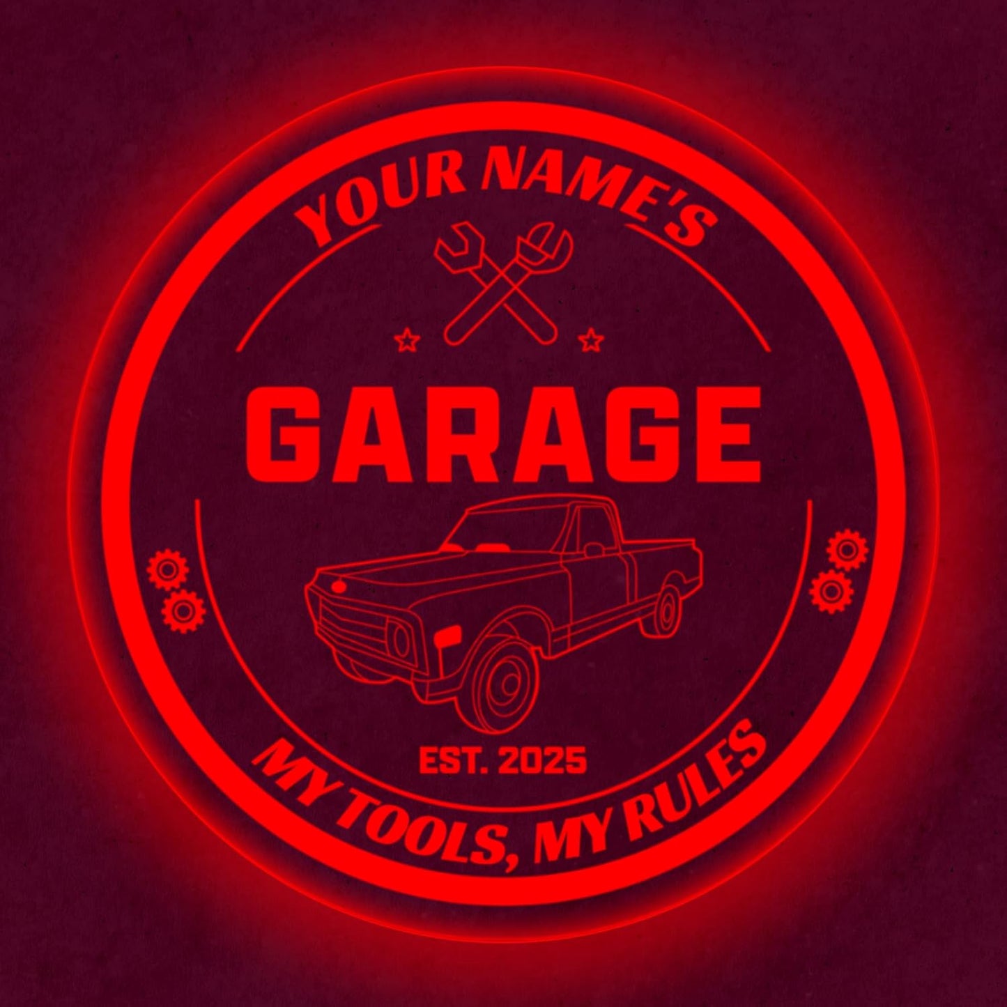 Custom Pickup Truck Garage Sign – Personalized LED Color Changing Acrylic Wall Decor for Garage, Workshop, or Man Cave (Garage 1, 20 INCHES)