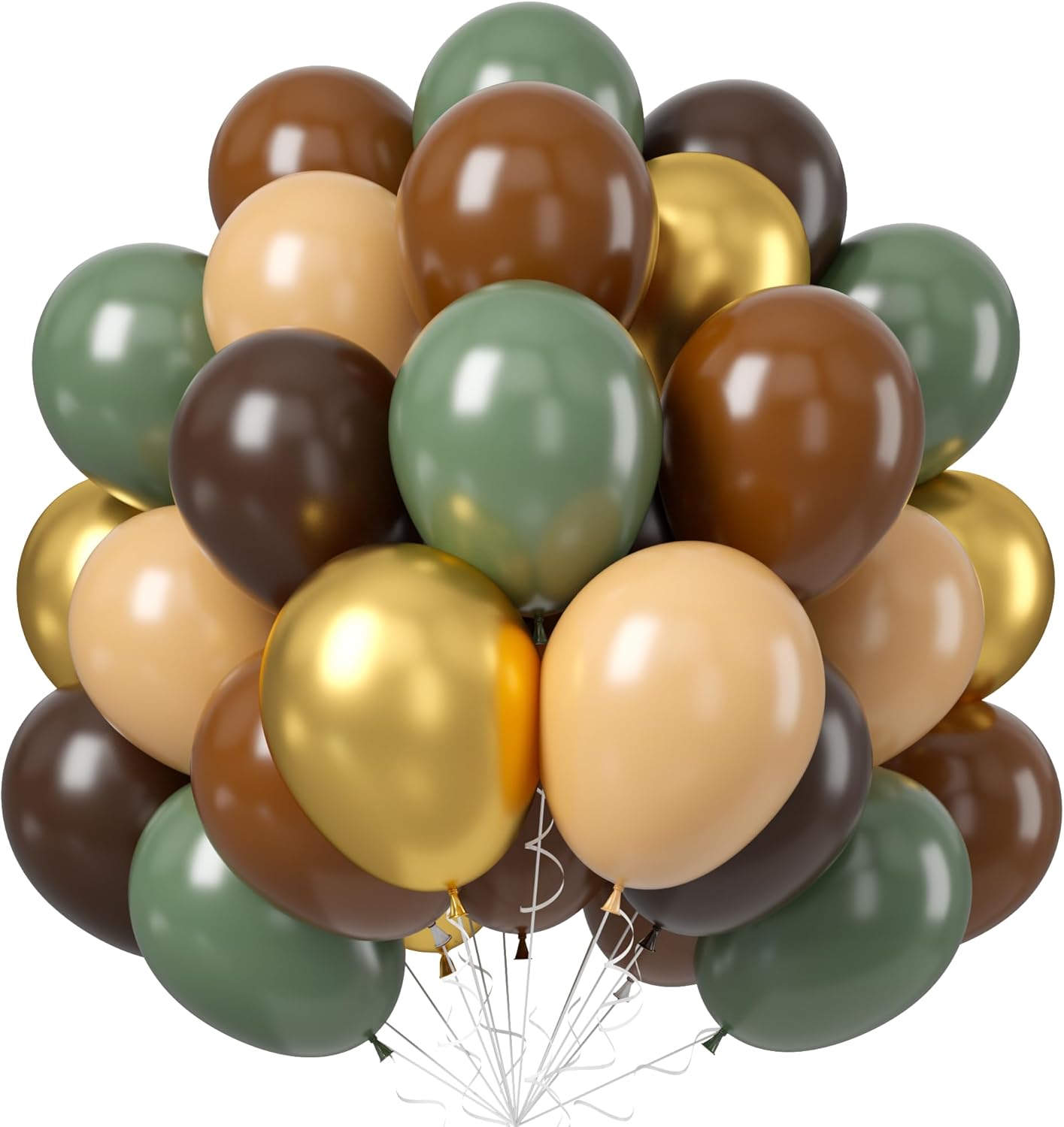 60 PCS Sage Green, Gold, Brown Latex Balloons - Woodland Camo Army Olive Green, Dark Brown, Coffee Nude Gold Party Balloons for Jungle Safari Woodland Hunting Birthday Decorations