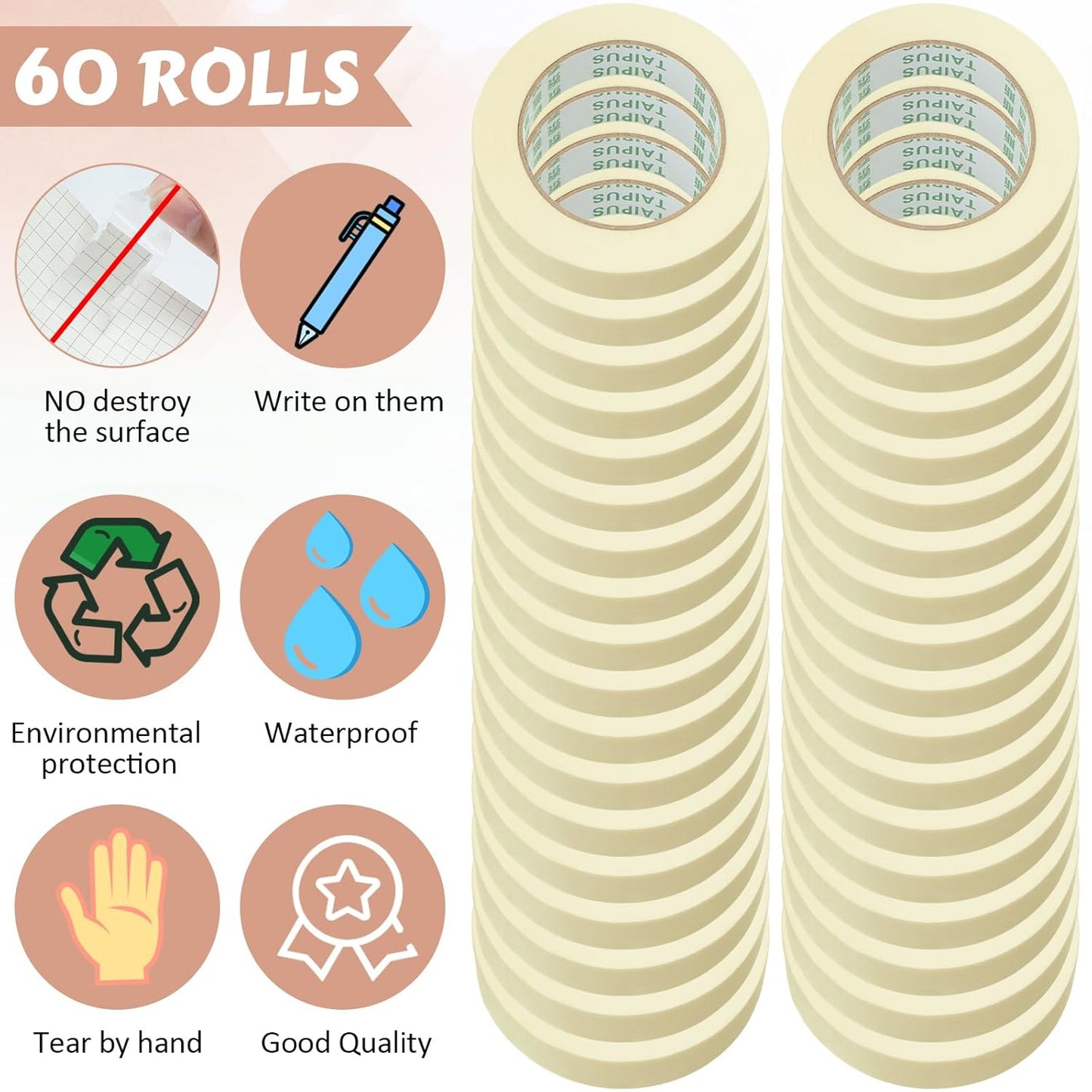 Masking Tape Bulk General Purpose Masking Painting Tape 55 Yards for Painting Home Office School Stationery Arts Crafts Basic Use, Easy Removal(60 Rolls,0.8 Inch)