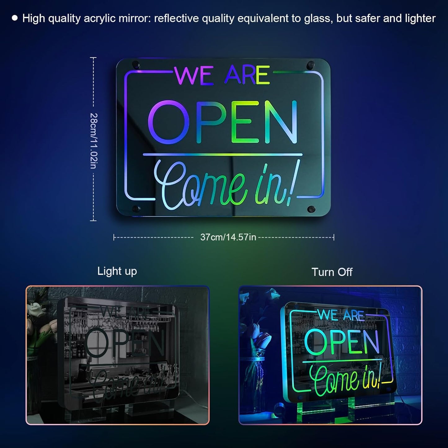 Ineonlife Open Neon Sign Come In We Are Open Mirrored Colorful LED lights for Business Decor Bright Led Light Signs Window Door Decoration Bar Shop Coffee Salon Store 14.57 x 11.02 inches USB Powerd