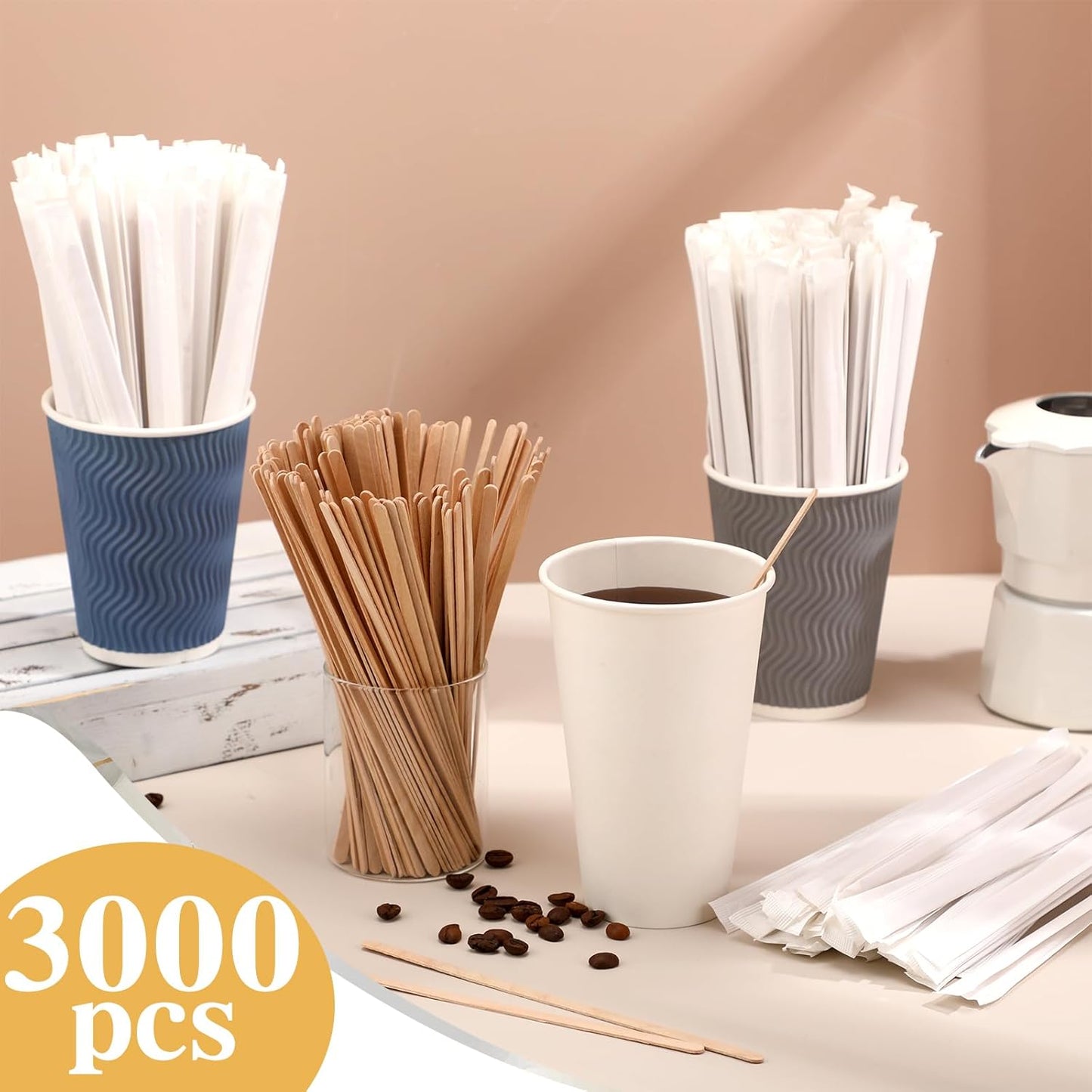 3000 Pcs Individually Wrapped Wooden Coffee Stirrers, Disposable Coffee Stir Sticks Round End Sticks Bulk Wood Stirrers for Cocktail Hot Drinks Restaurant Bar Home Office (7 Inch)