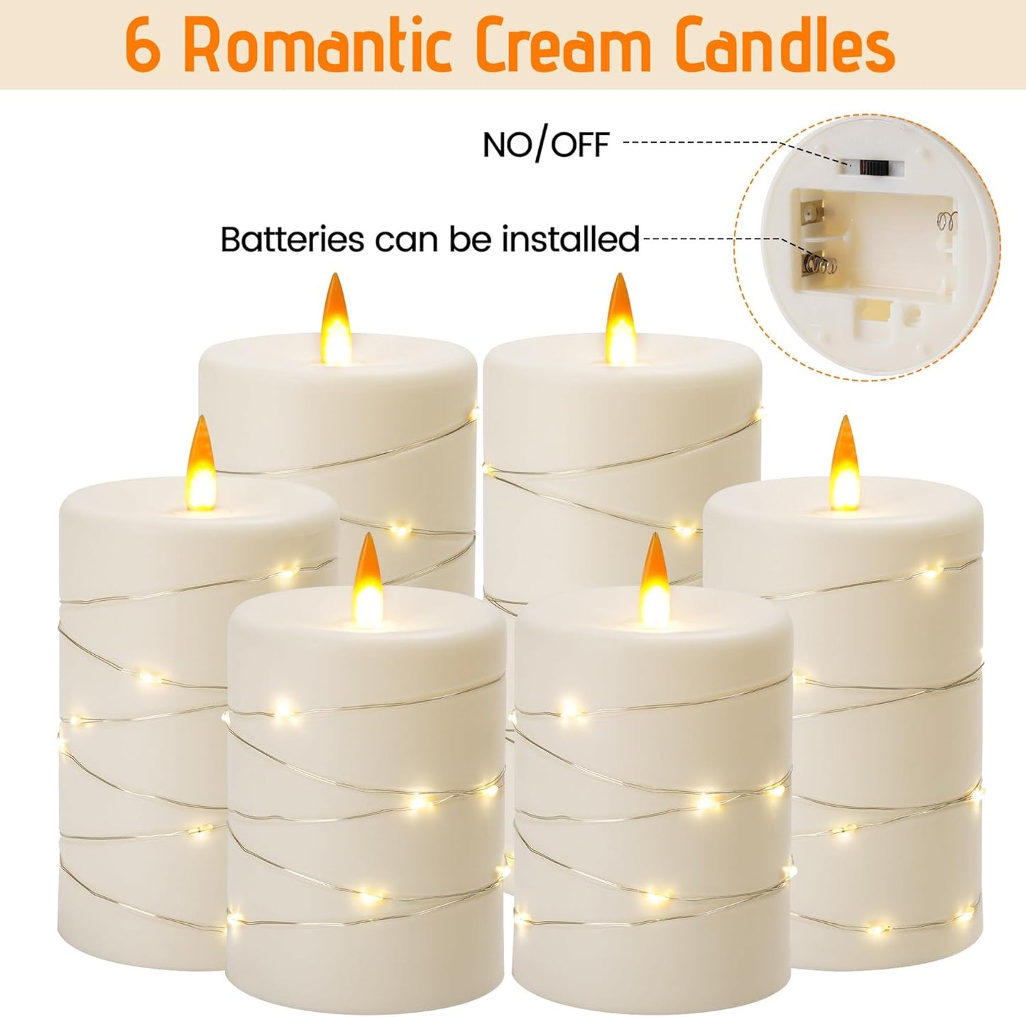 Upinmz 6 Pack Flickering Flameless Candles with String Lights,Unbreakable Acrylic Battery Operated Candle with Remote Control and Timer - Ivory White