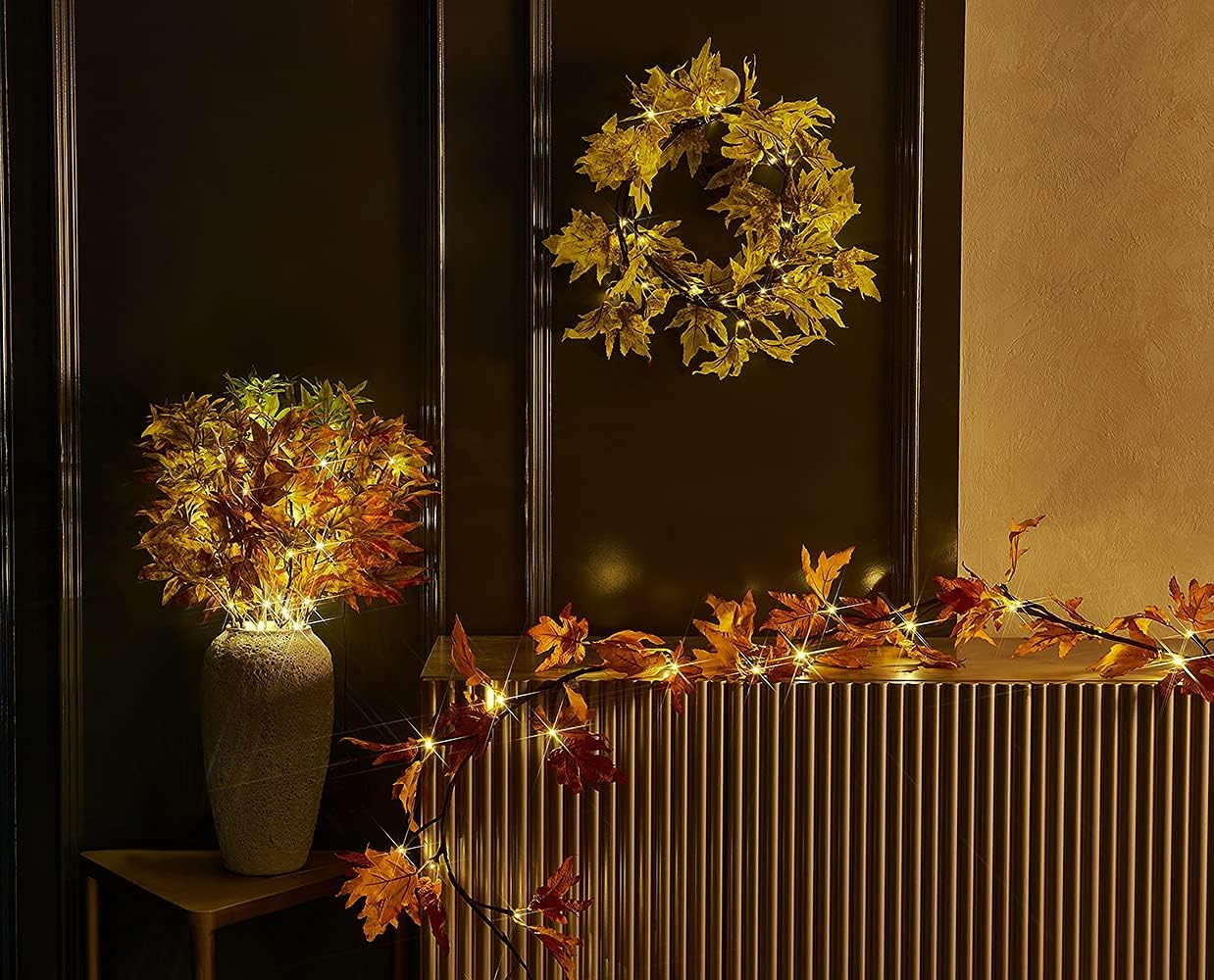 Hairui Lighted Maple Leaf Garland with Timer 6FT 24 Warm White LED, Fall Garland with Lights Battery Operated for Thanksgiving Harvest Christmas Wedding Decoration Indoor Outdoor