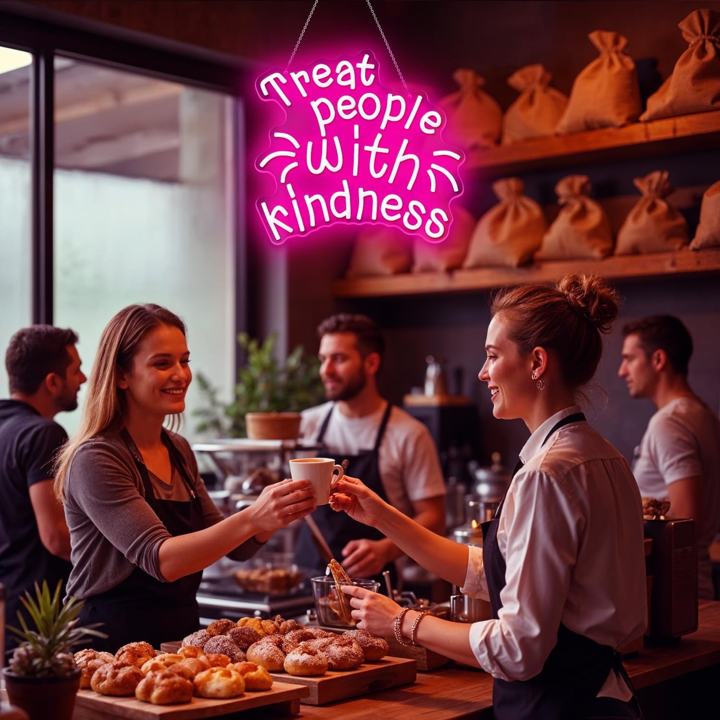 Treat People with Kindness Neon Sign,Pink Led Neon Signs for Wall Decor,Dimmable Inspiring Letter Neon Lights USB Be Kind Light Up Signs for Bedroom Classroom Kids Room,Gift for Boys Girls