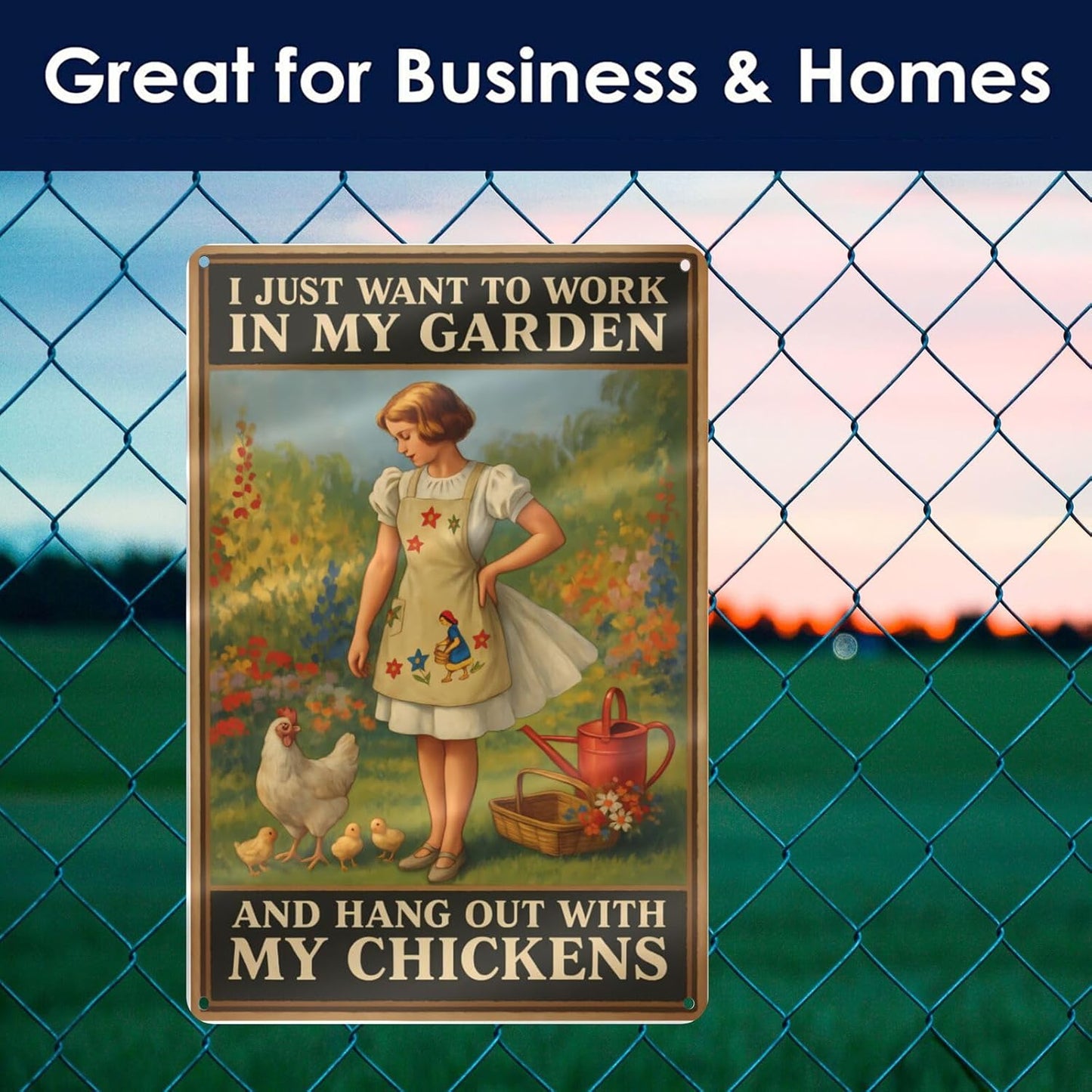 Funny Garden & Chicken Coop Sign - "I Just Want to Work in My Garden and Hang Out with My Chickens" Rustic Metal Wall Decor for Farmhouse, Backyard