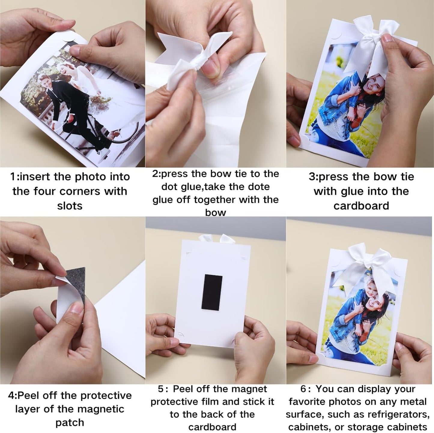 50 Pack 4x6 Magnetic Picture Frames for Refrigerator | Paper Picture Frame with Bowtie | Magnetic Photo Holders for Wire Wall Grid Panel, Locker, Classroom,Wedding,Homes, Decor - Khaki