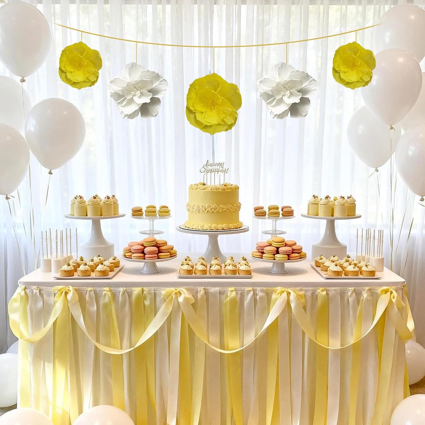 BRT Bearingshui Crepe Paper Flowers Decoration for Wall Total 9 Pcs, Artificial Flowers Backdrop for Wedding Decor Baby Bridal Shower Birthday Party, Yellow White 3D Wall Flowers Decor