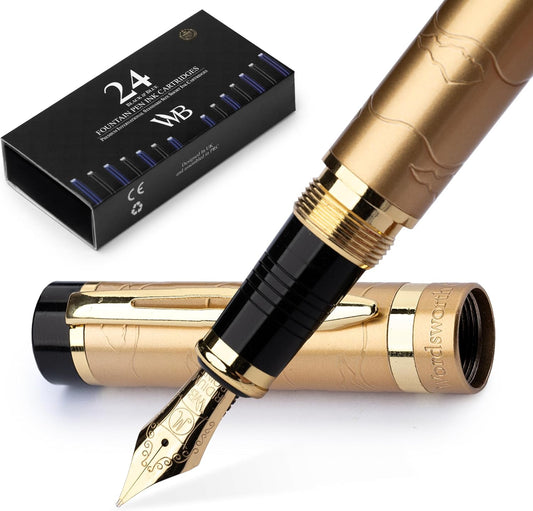 Wordsworth & Black Primori Fountain Pen Set [Stunning Gold]; Medium Nib, Gift Case, 24 Ink Cartridges, Refill Converter, Manual; Journaling, Calligraphy, Smooth Writing Pens; Left and Right Handed