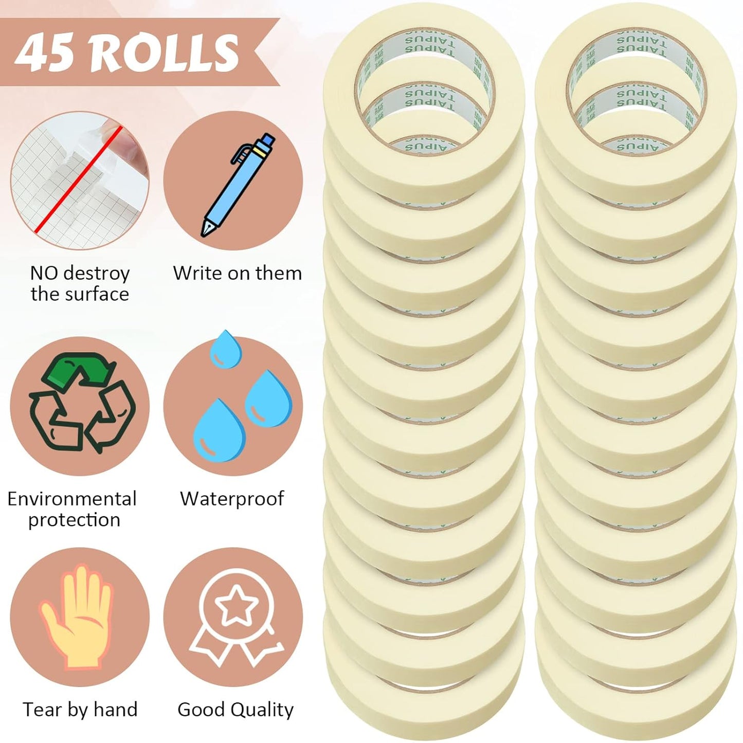 Masking Tape Bulk General Purpose Masking Painting Tape 55 Yards for Painting Home Office School Stationery Arts Crafts Basic Use, Easy Removal(45 Rolls,1 Inch)