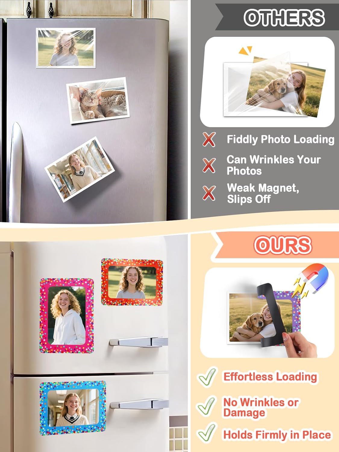 ANPHSIN 12Pcs Magnetic Picture Frame for 4x6in Photo - Cute Magnets Frames Fridge Decor Gifts for Girls Women, Home Refrigerator, Back to School Locker, Classroom Decorations Supplies, Colorful Dots