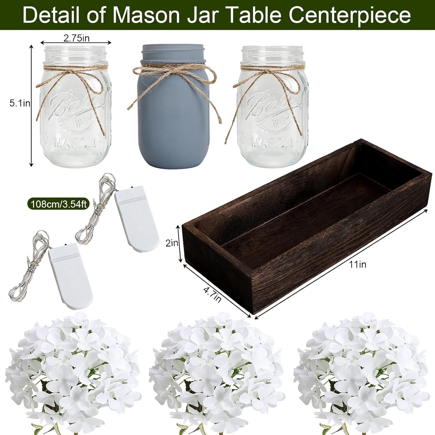 Mason Jar Lights Centerpiece Table Decor for Dining Room Farmhouse Coffee Table Decor with Wood Tray Fairy Lights Fake Hydrangea Flowers for Kitchen Living Dining Room - White