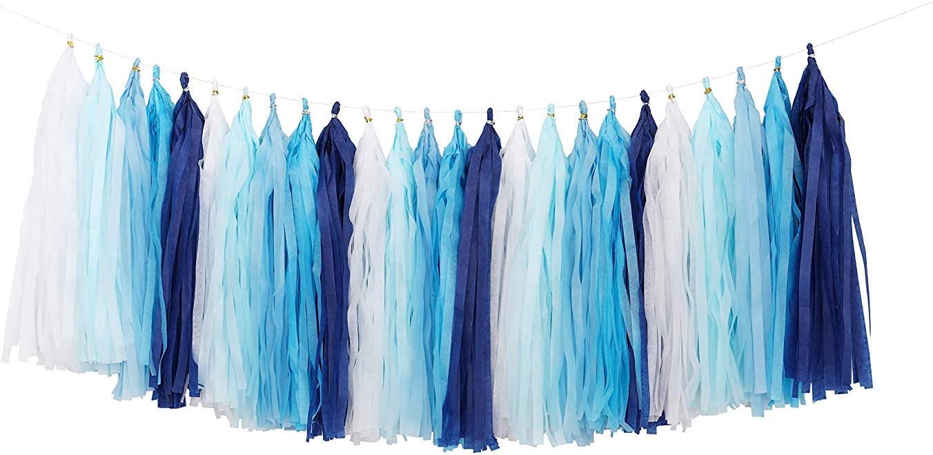 Fonder Mols 25pcs Navy Blue White Tissue Paper Tassel Garland Tassel Banner for Nautical Baby Boy Shower,Boy Gender Reveal, First Nautical,Shark Birthday Party, Photobooth Backdrop Decorations A05