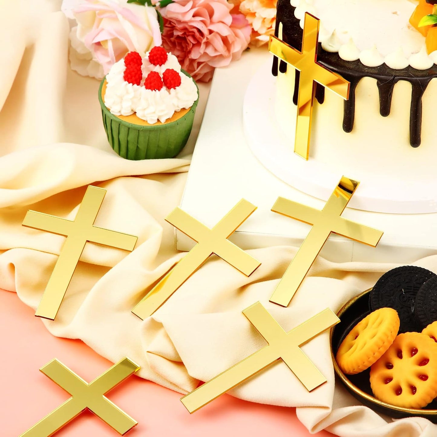 Blulu 16 Pieces Baptism Cake Toppers Crossing Cupcake Toppers Gold Mirror Acrylic Cake Picks Baptism Decor Christian Decorations(Classic Style)
