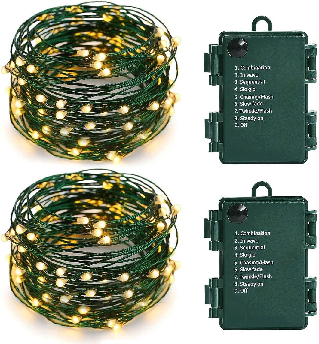 MASHANG Christmas Lights Battery String Lights 33FT 100 Micro LEDs Starry Lights Fairy Lights Firefly Lights with Dark Green Copper Wire for Christmas Tree, Wreath, DIY, Holiday(Warm White, 2 Pack)