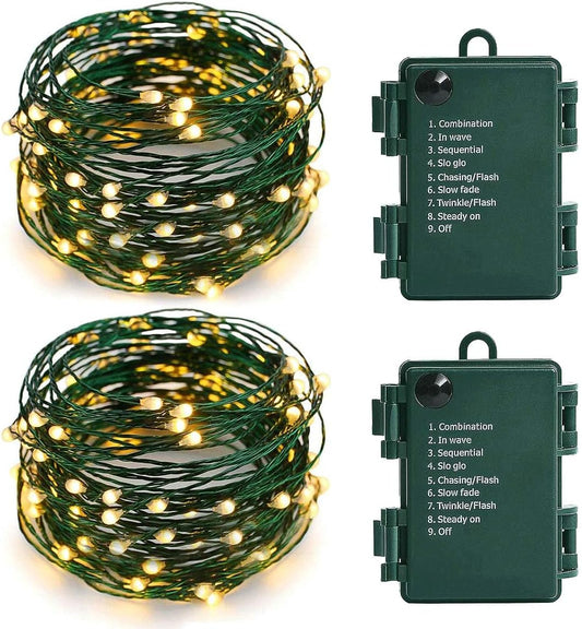 MASHANG Christmas Lights Battery String Lights 33FT 100 Micro LEDs Starry Lights Fairy Lights Firefly Lights with Dark Green Copper Wire for Christmas Tree, Wreath, DIY, Holiday(Warm White, 2 Pack)