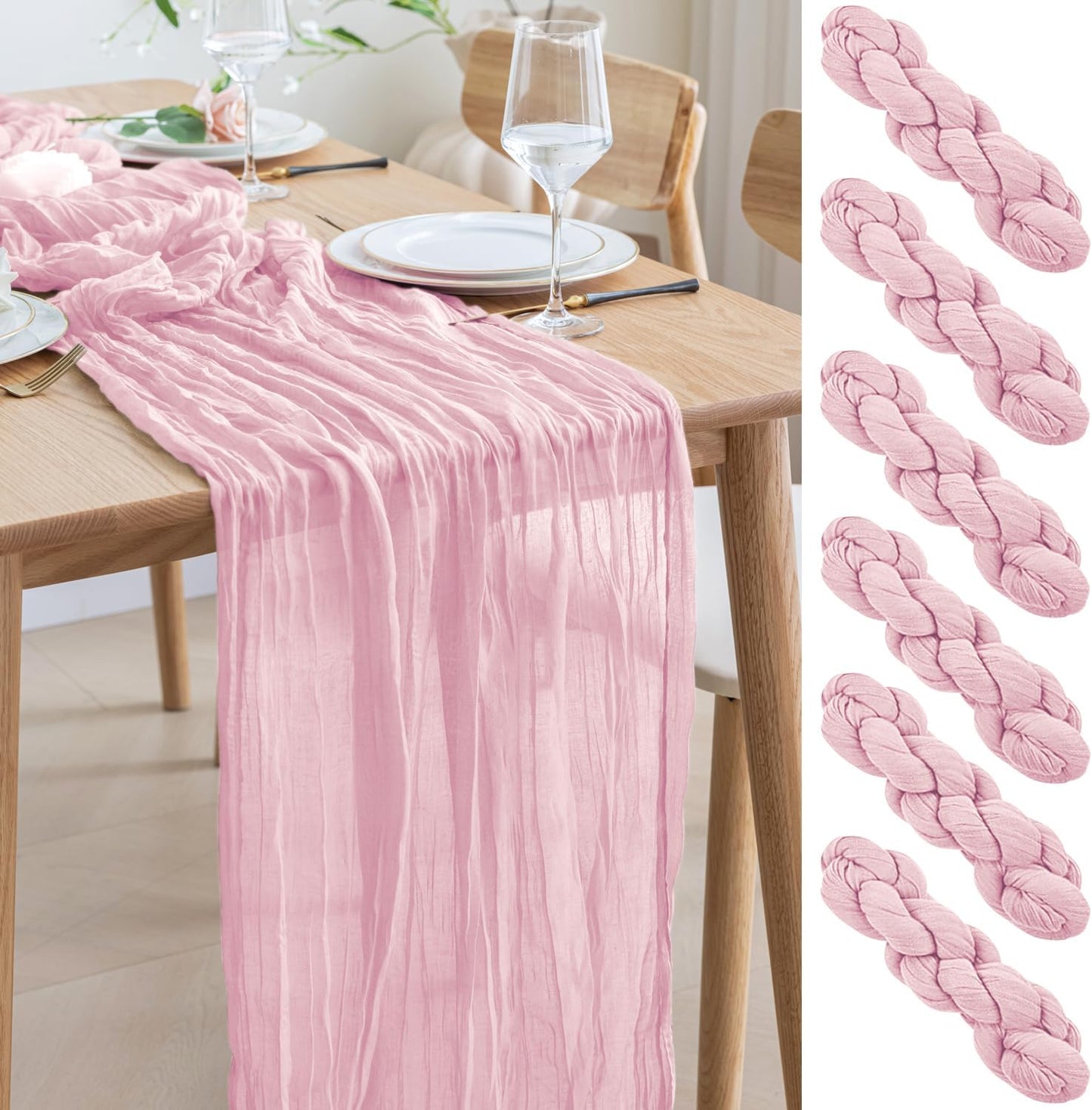 Asee'm 6pcs Cheesecloth Table Runner 120 Inches Blushing Pink Boho Gauze Cheese Cloth Runner 10FT Rustic Sheer Table Runners for Summer Wedding Baby Shower Holiday Party Decoration
