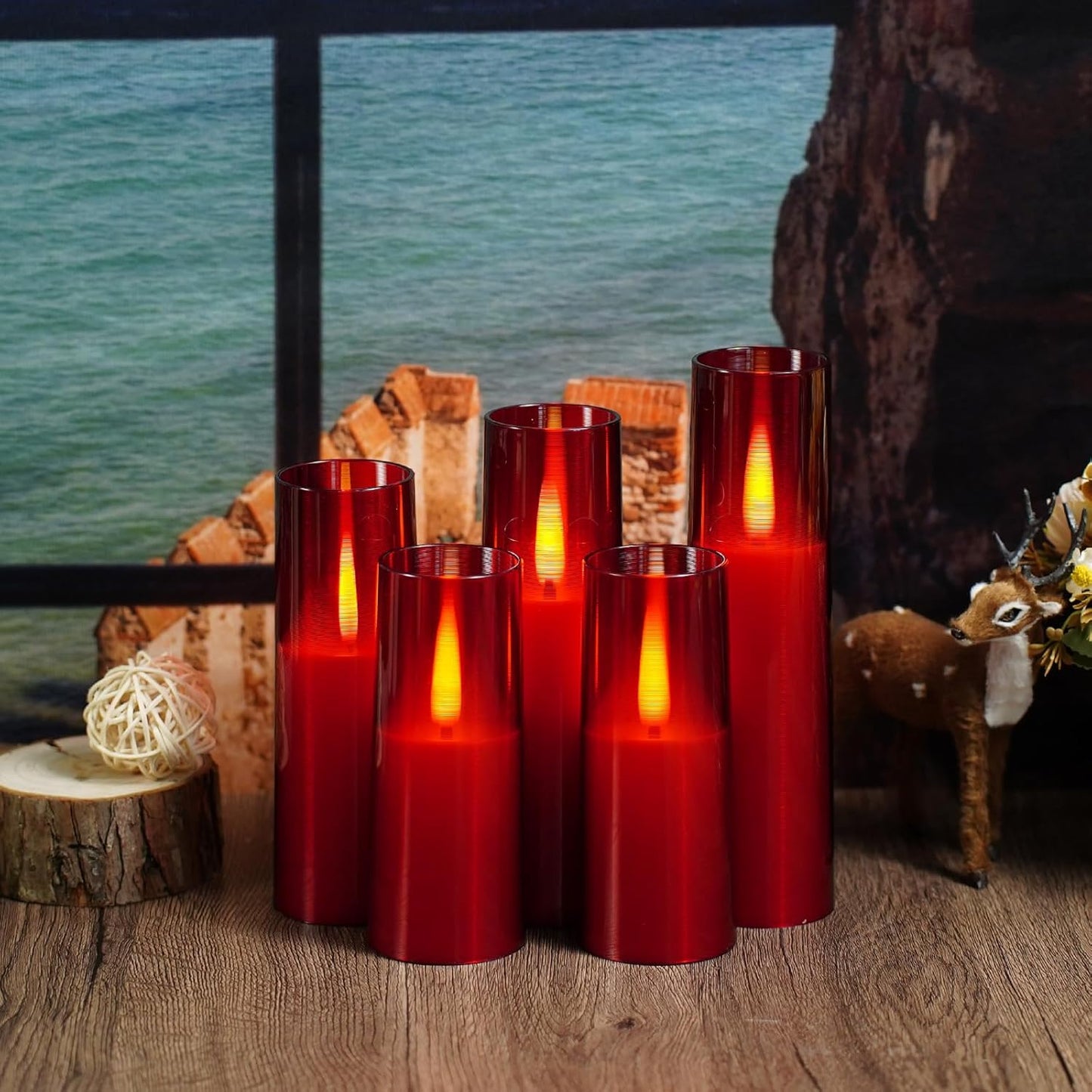 Flameless LED Candles, Upgraded Realistic Flickering Flame Battery Operated Candles with Remote Timer, Acrylic Electric Set of 5 for Romantic Ambiance and Home Decoration（Red）