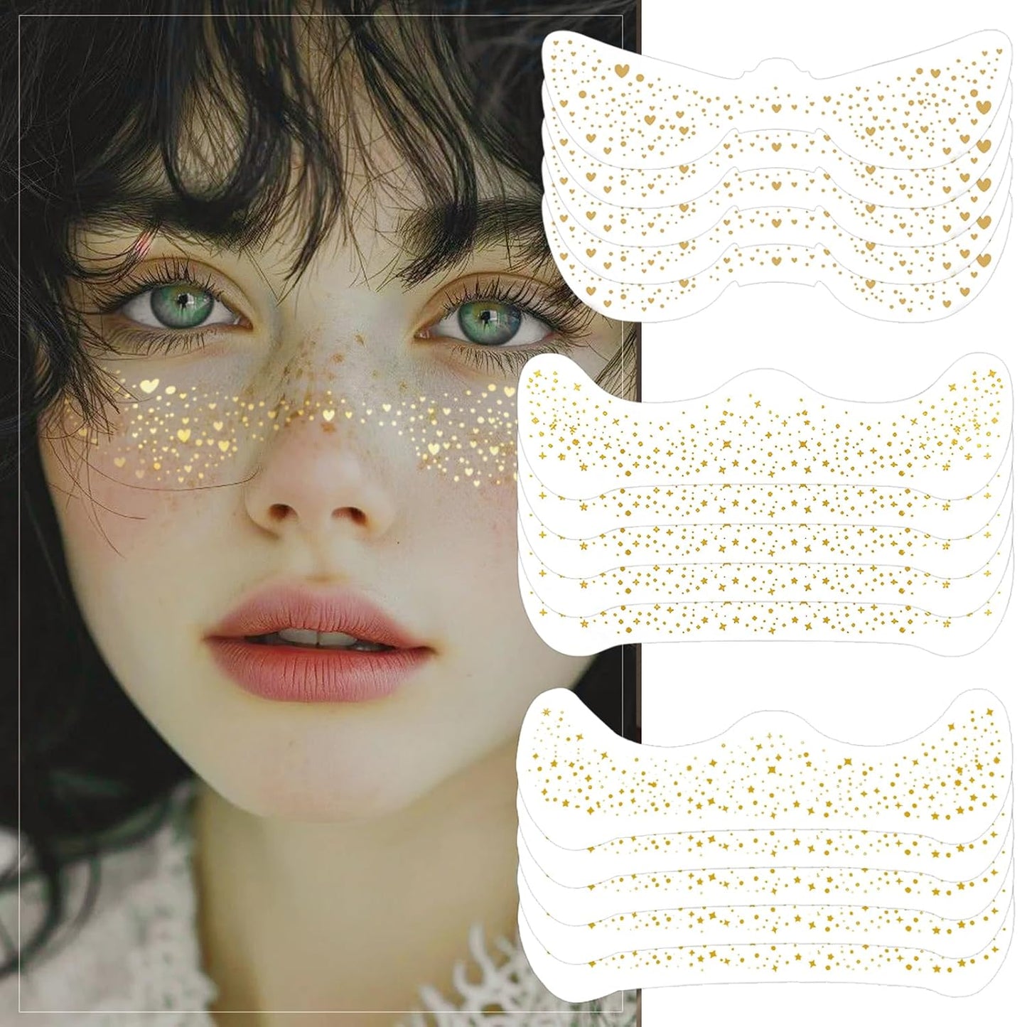 Gold Glitter Freckles Face Tattoo, 15 Pcs Waterproof Gold Sparkle Freckle Temporary Tattoo, Freckles Face Tattoo Long Lasting Festive Glitter, Face Glitter Self Adhesive for Women Girls
