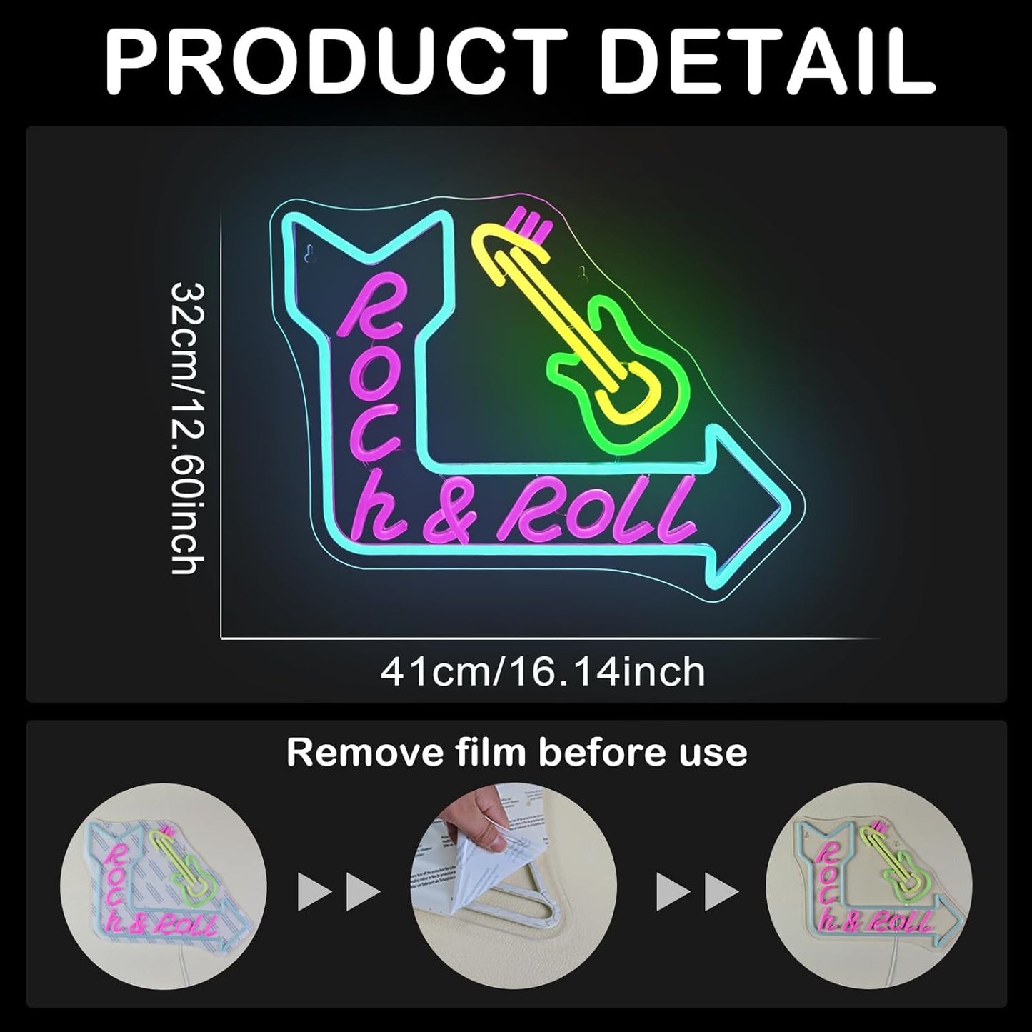 Rock Roll Guitar with Arrow Neon Sign, USB Powered Dimmable, Retro Music-Themed LED Wall Decor with Electric Guitar Design, 5V/2A, for Bar, Party, Gift, Bedroom, LIVE House, Man Cave, Rock Roll Fans