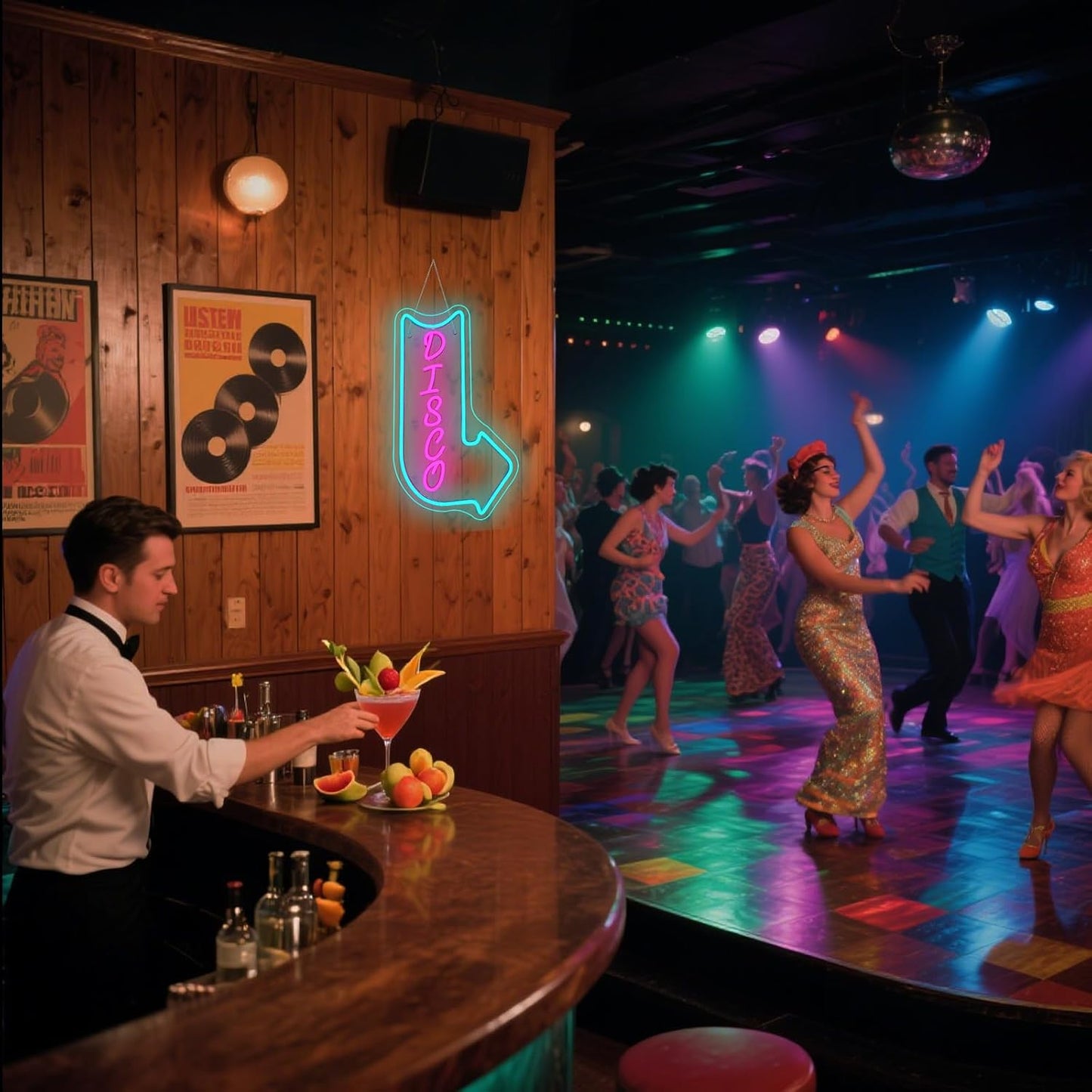 Looklight Disco Neon Signs for Wall Decor Pink Blue LED Word Light Sign Right-Pointing Arrow Neon Light USB Light Up Letters Sign for Disco Lover Music Bar Music Studio Rec Room Bedroom Party Decor