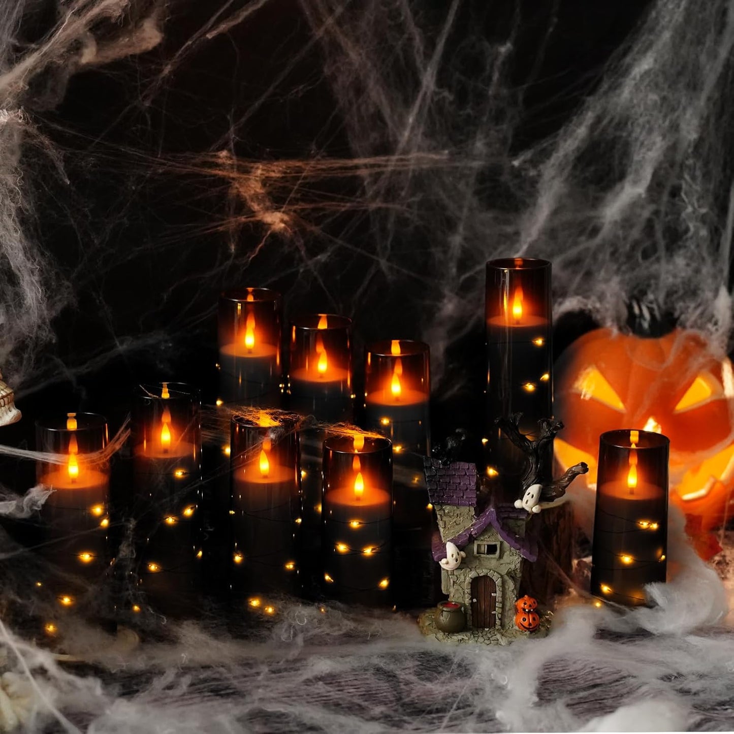 Flameless LED Candles with Timer 9 Pc Flickering Flameless Candles for Romantic Ambiance and Home Decoration Stable Acrylic Shell,with Embedded Star String,Battery Operated Candles（Black）