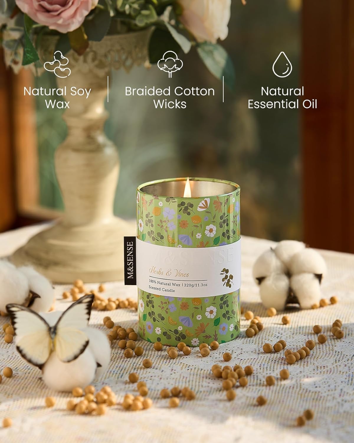 M&SENSE Herbs Vines Scented Candle, Medium Jar Candle 11.3oz Natural Soy Wax for Home Scented, Floral Candles Gift for Spring Holiday, Up to 70 Hours Burning Long-Lasting Fragrance