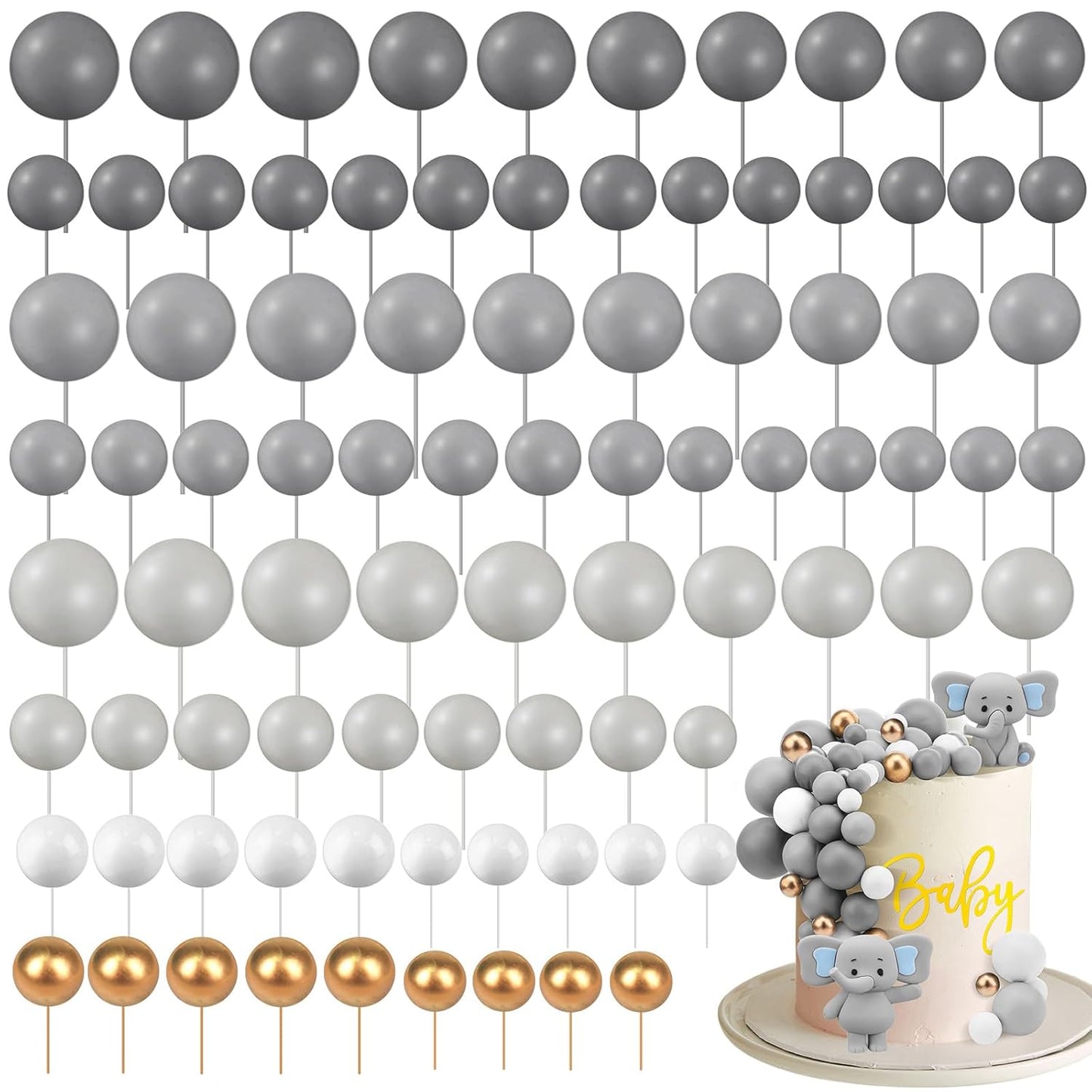 108 Pcs Balls Cake Topper DIY Cupcake Insert Foam Balloons for Cake Baking Wedding Anniversary Birthday Decoration(Dark Gray, Gray, Light Gray,Multi Sizes)